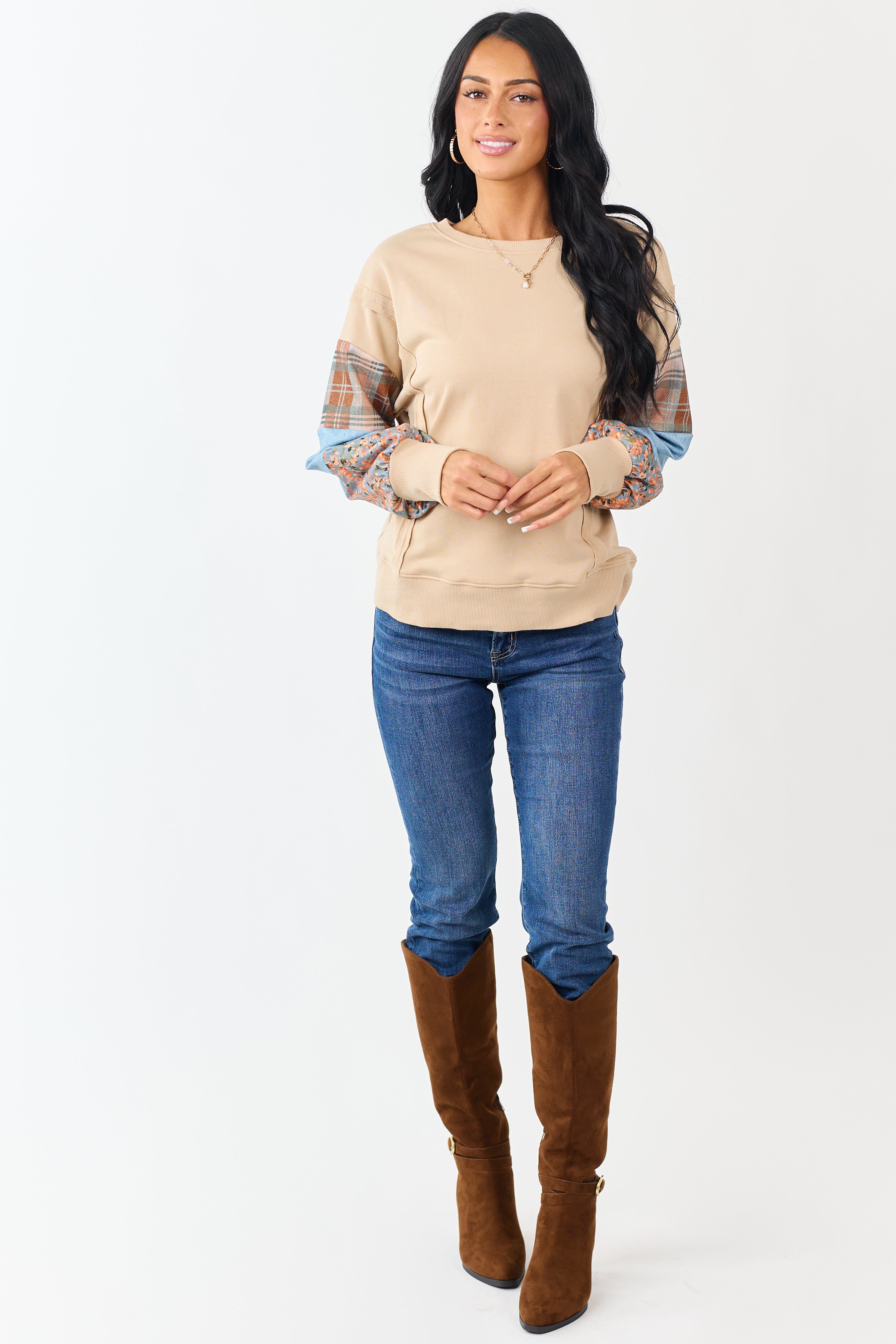 Sand Contrast Patchwork Raw Seam Sweatshirt