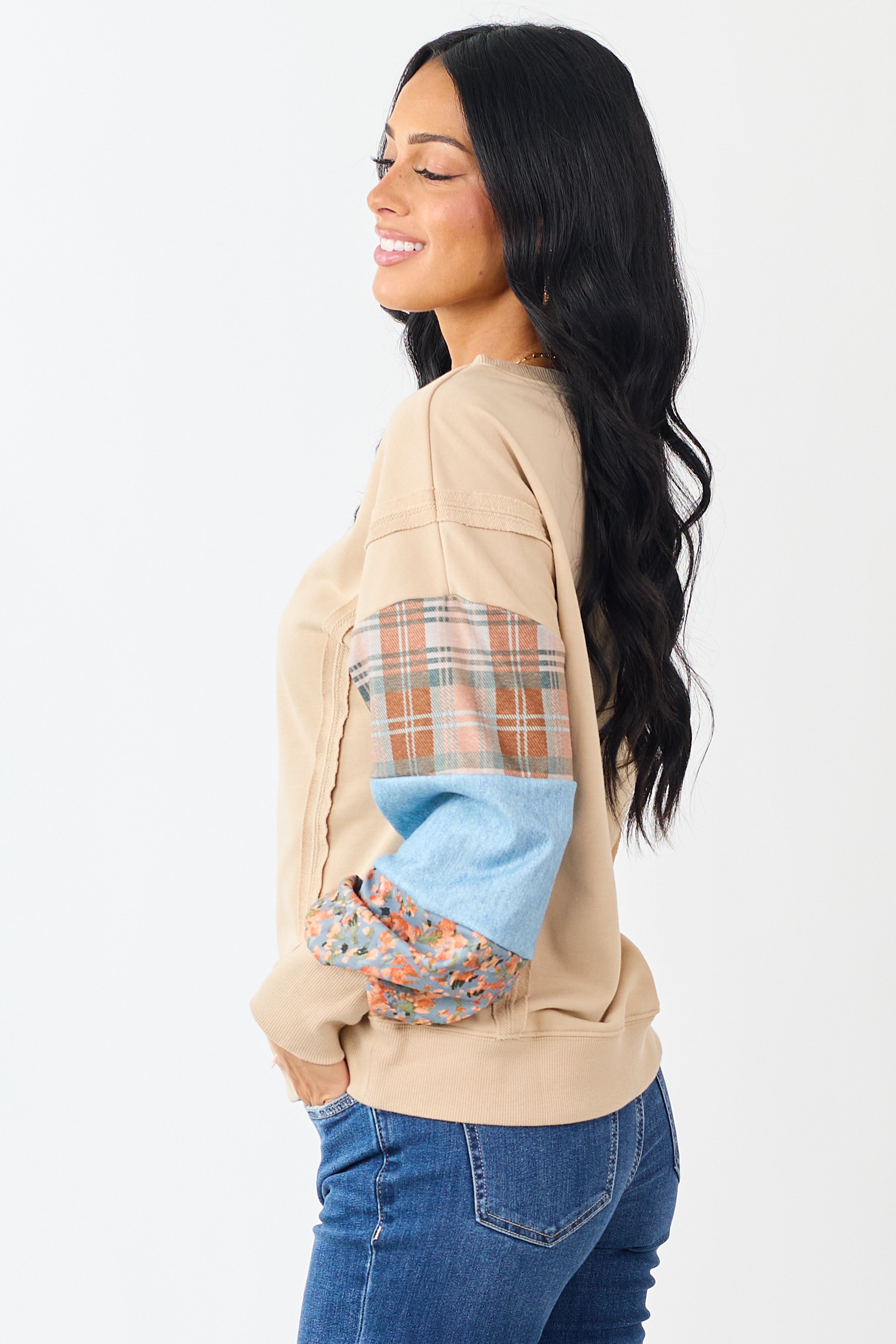 Sand Contrast Patchwork Raw Seam Sweatshirt | Lime Lush Boutique