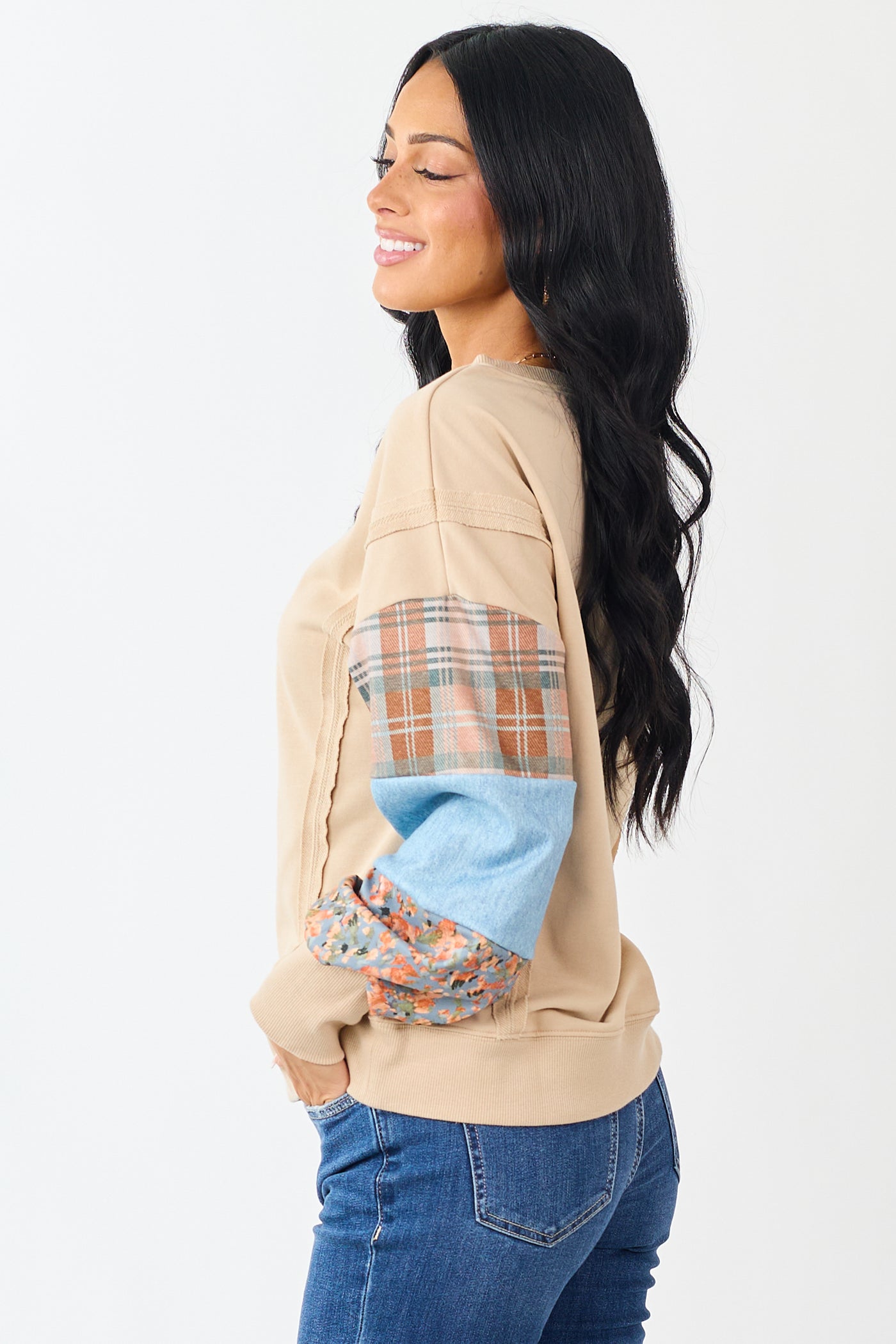 Sand Contrast Patchwork Raw Seam Sweatshirt