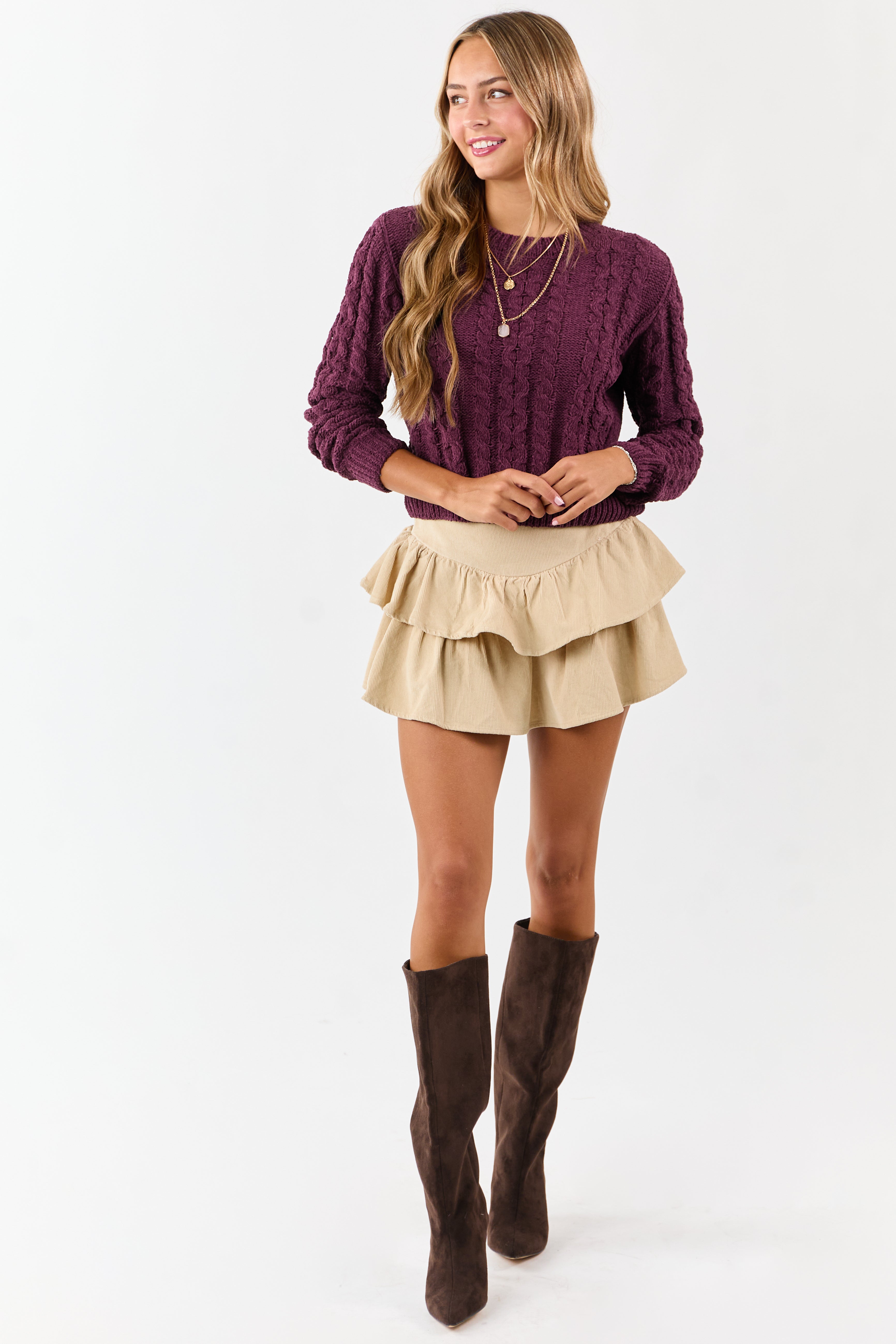 Sand Corduroy Ruffle Tiered Mini Skort