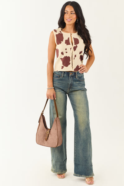 Sand Cow Print Button Down Sweater Tank Top