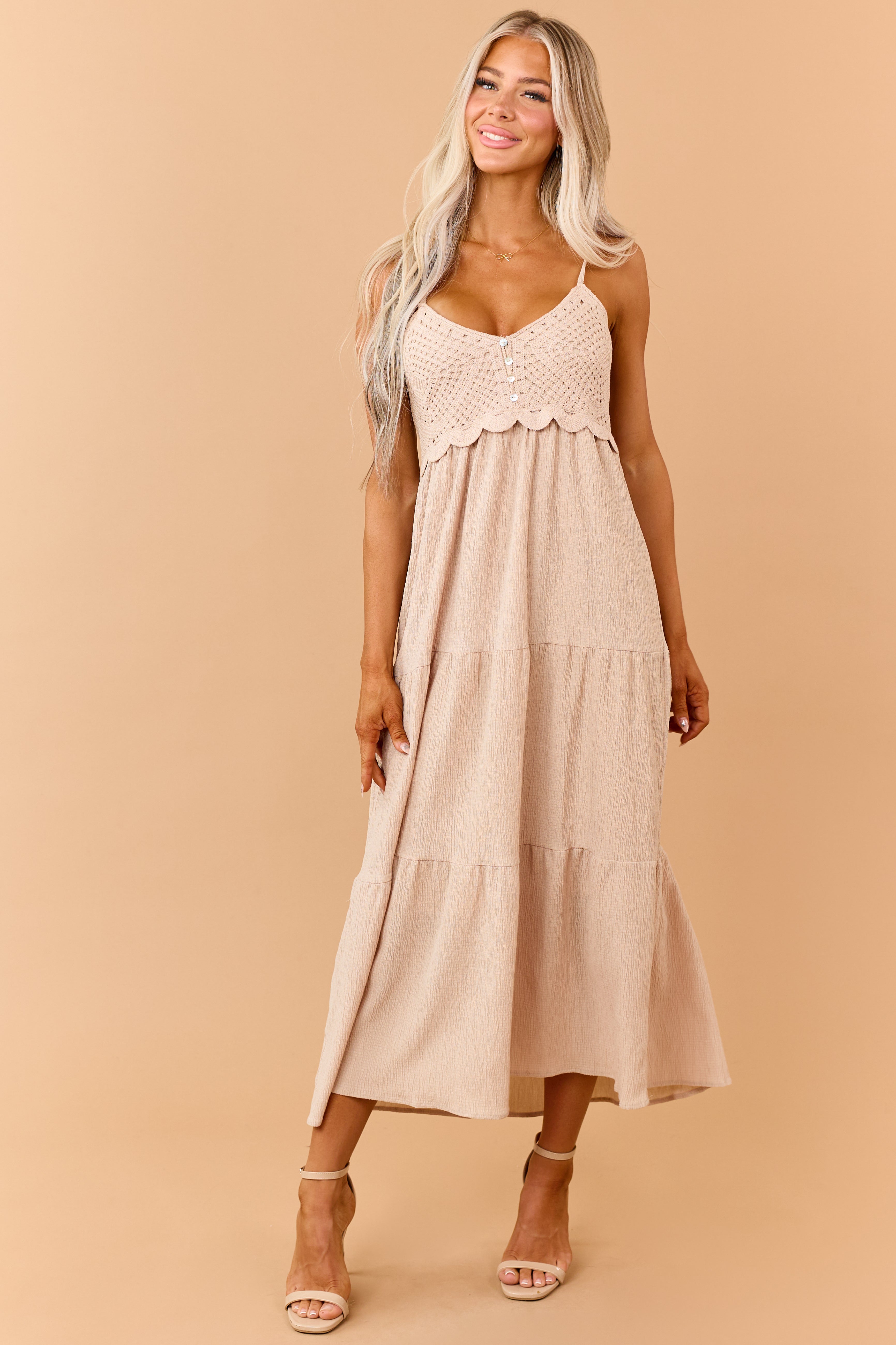 Sand Crochet Bodice Tiered Maxi Dress