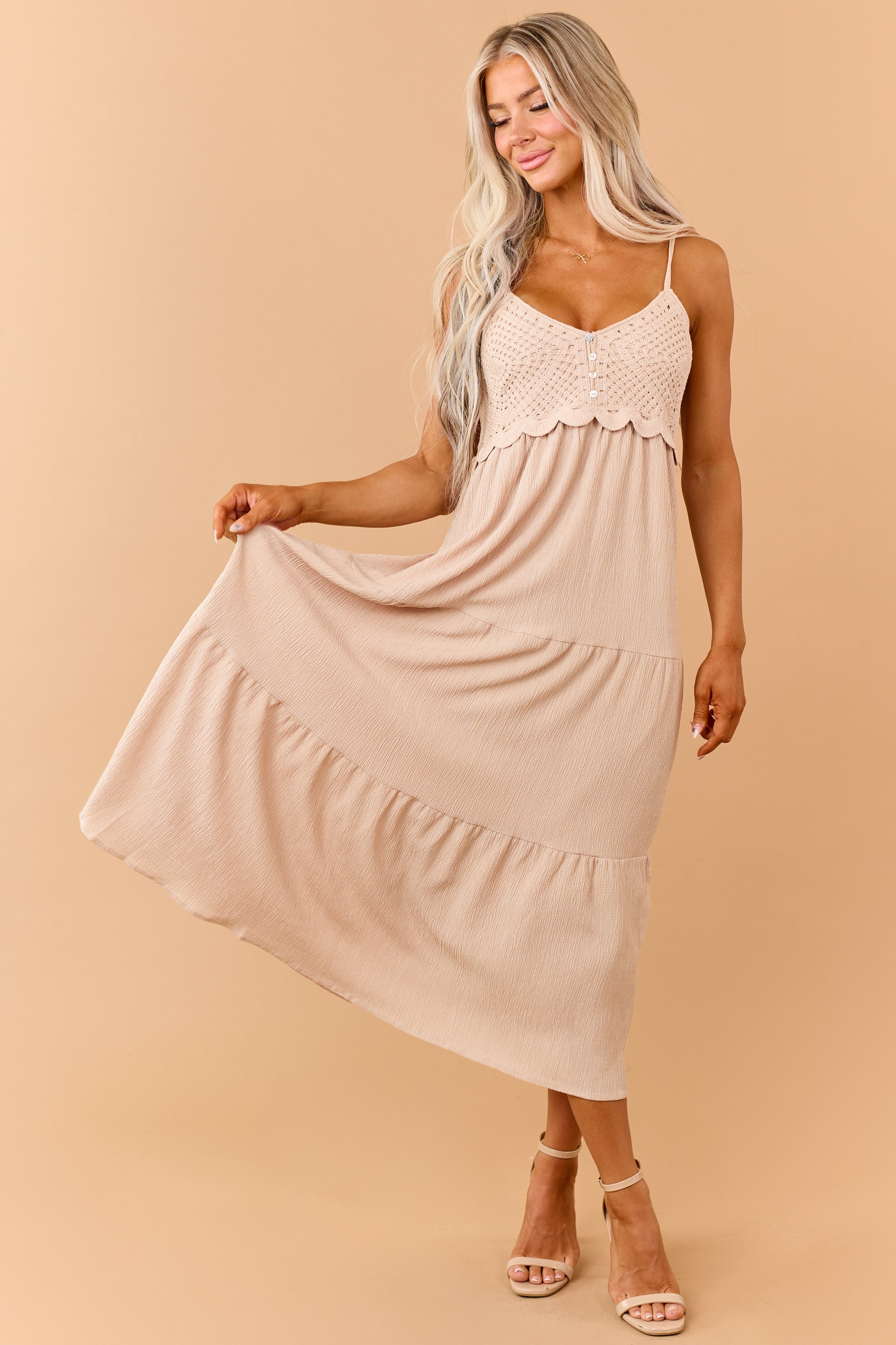 Sand Crochet Bodice Tiered Maxi Dress