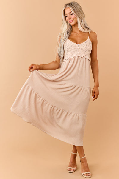 Sand Crochet Bodice Tiered Maxi Dress