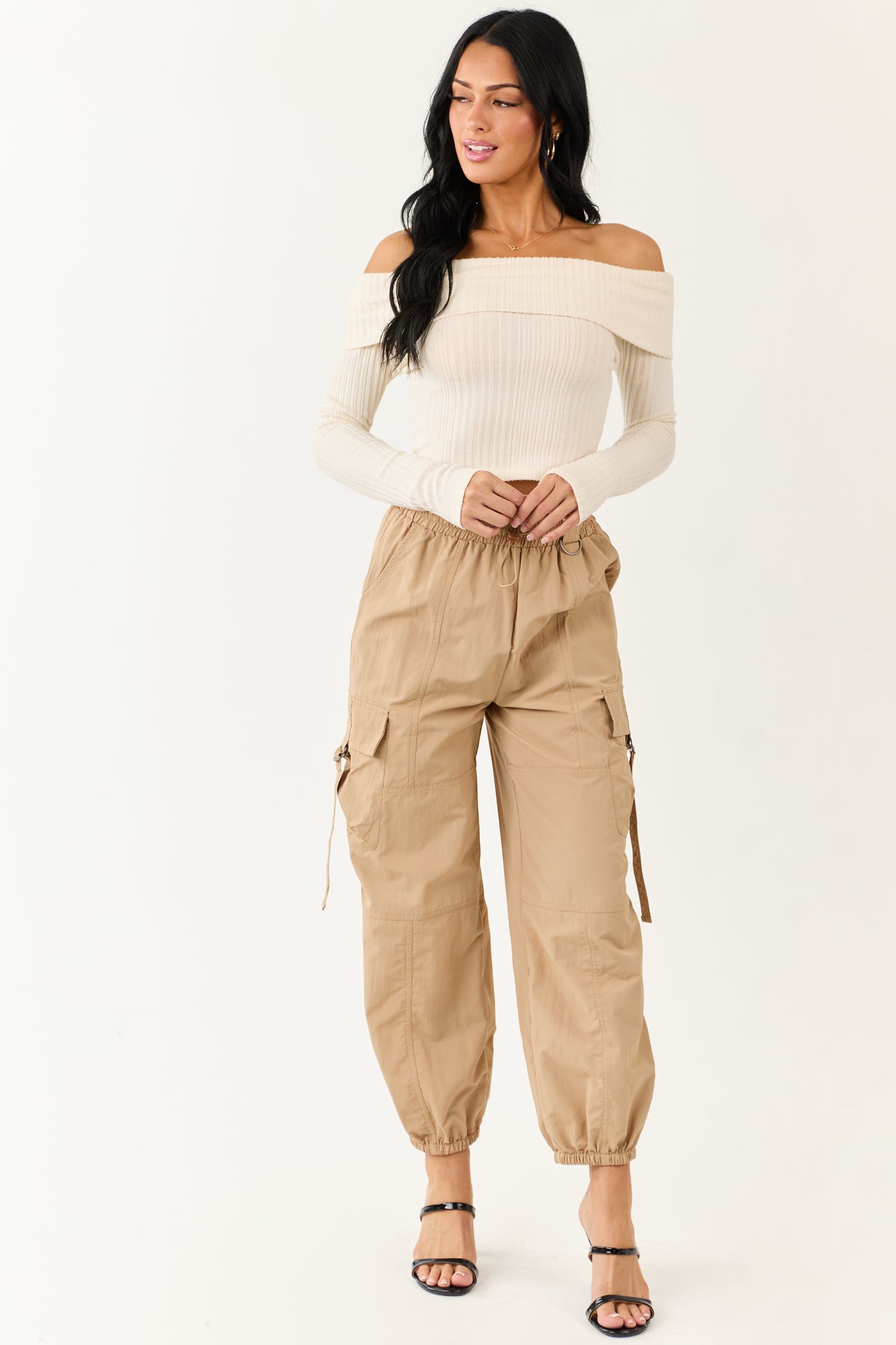 Sand Drawstring Waistband Cargo Jogger Pants
