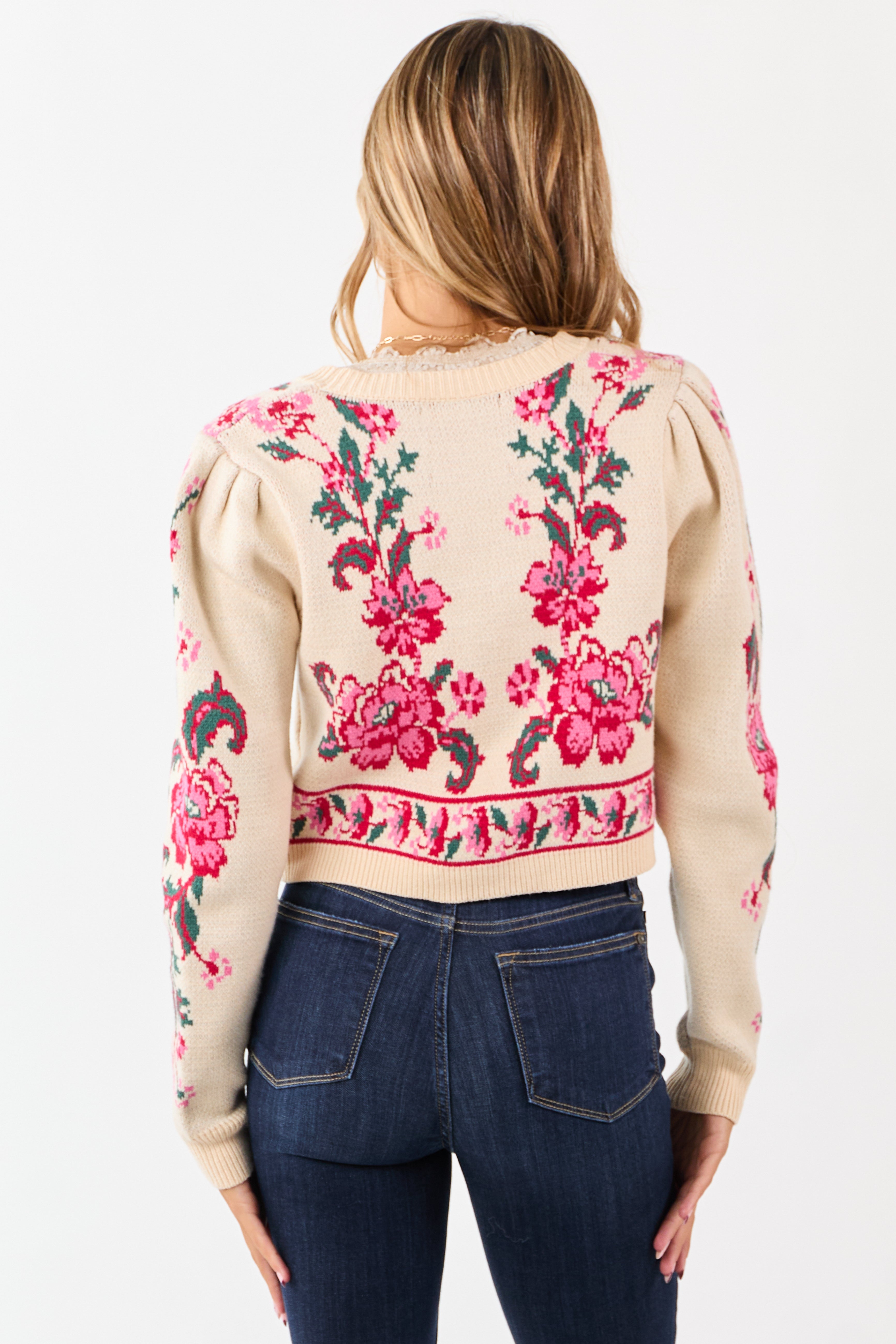 Sand Floral Print Tie Front Cropped Knit Cardigan