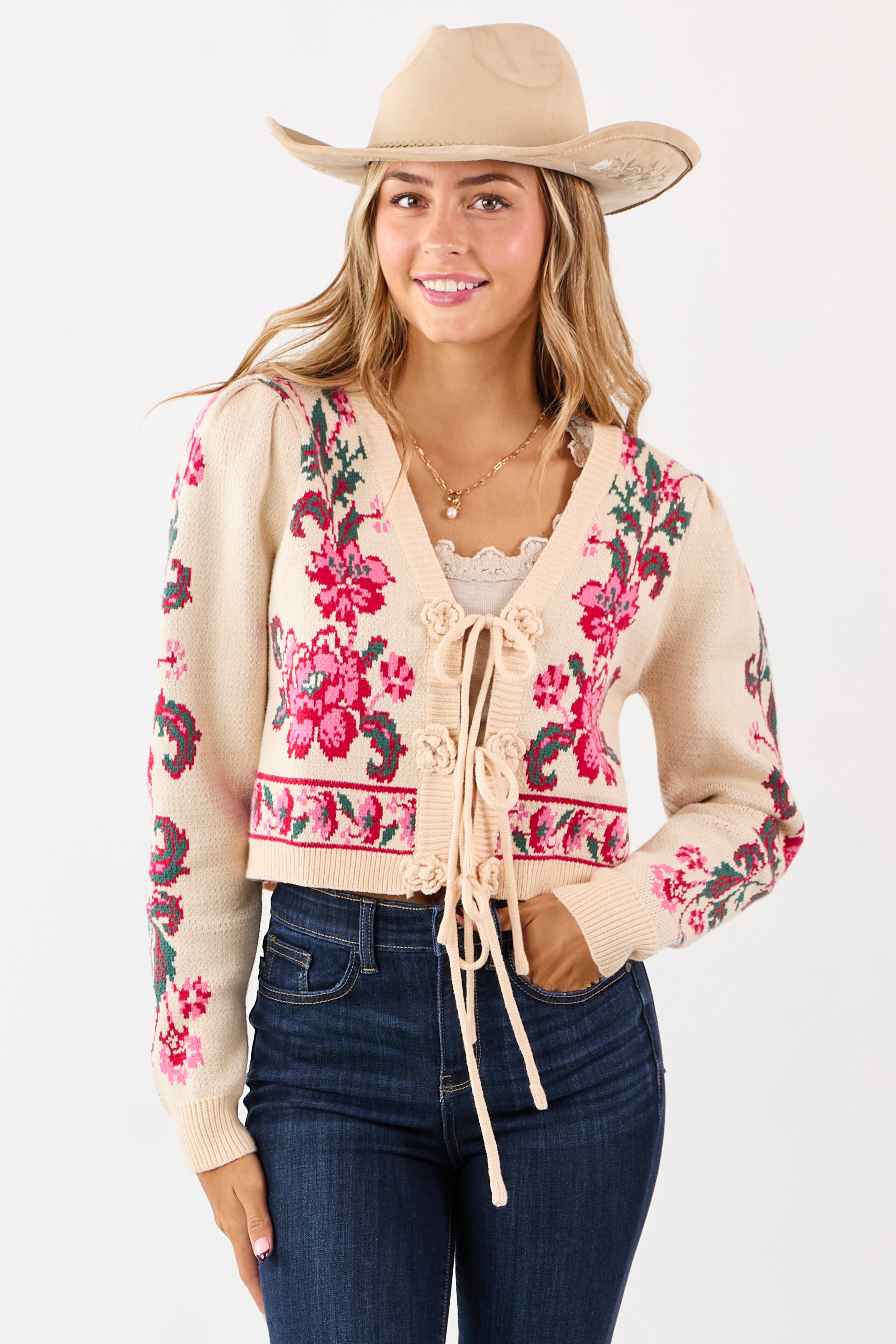 Sand Floral Print Tie Front Cropped Knit Cardigan