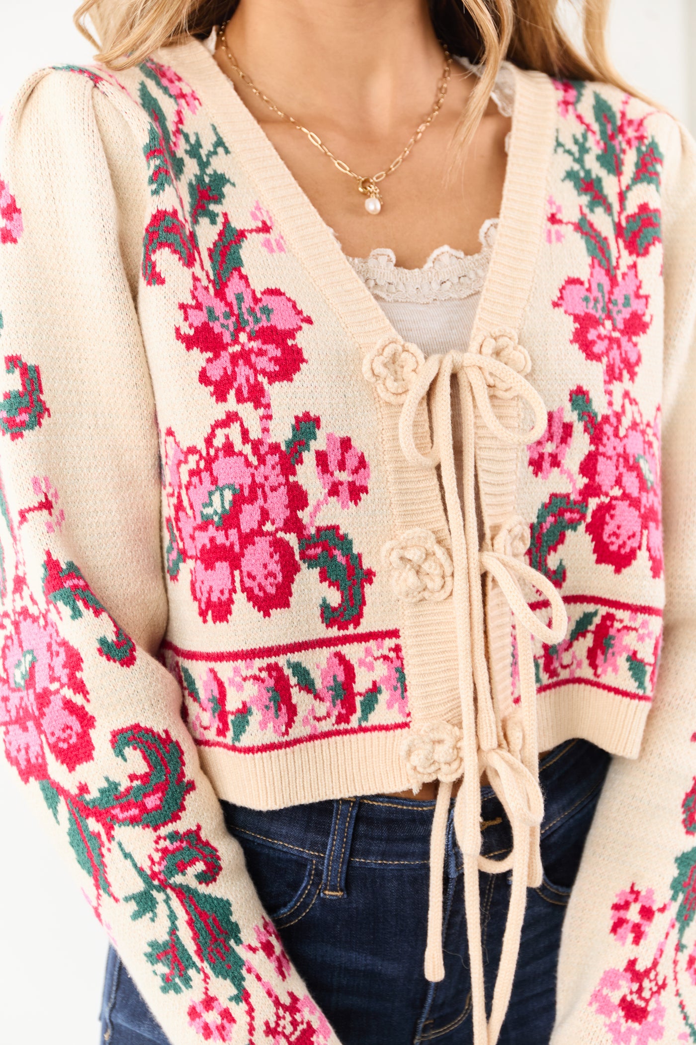 Sand Floral Print Tie Front Cropped Knit Cardigan