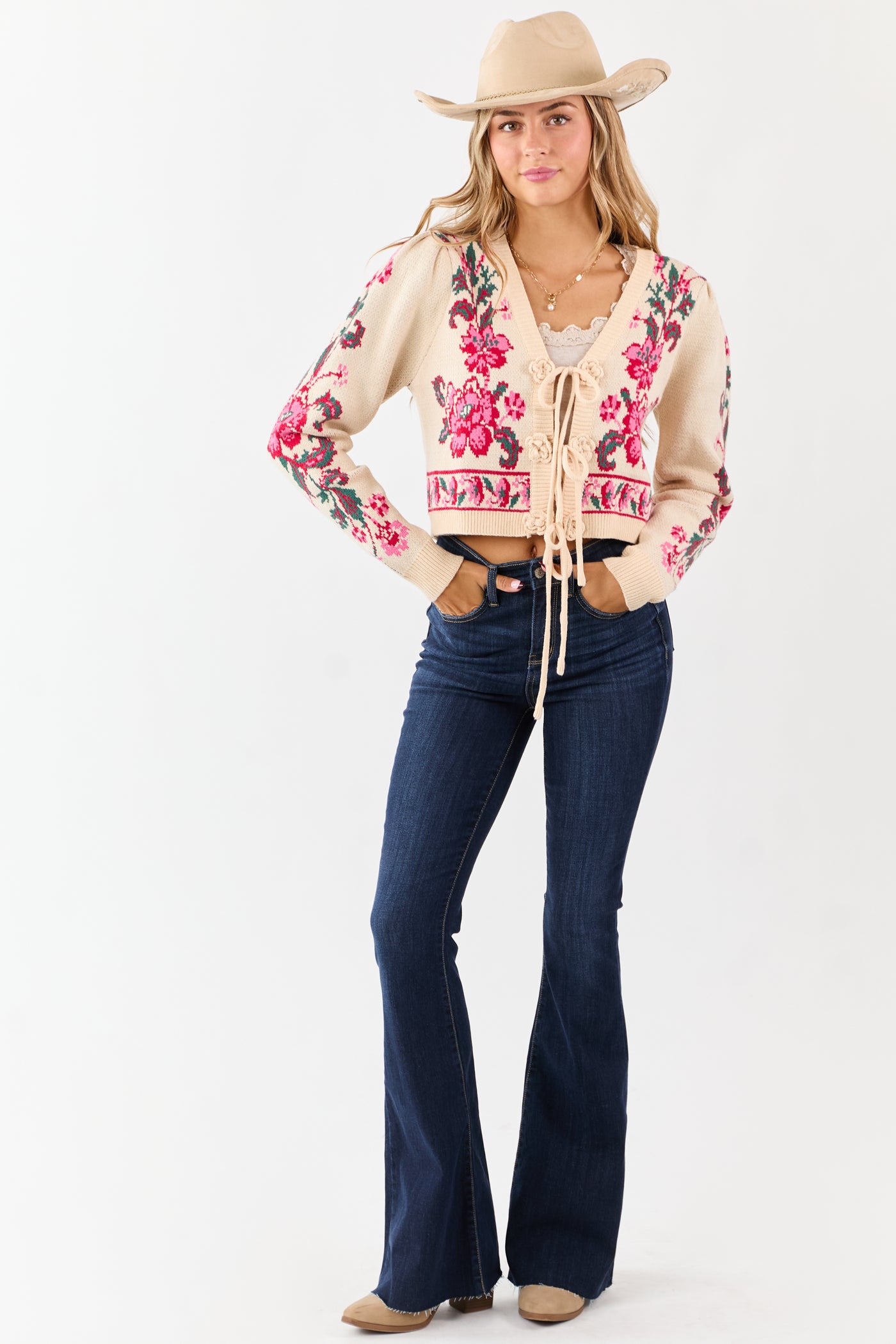 Sand Floral Print Tie Front Cropped Knit Cardigan