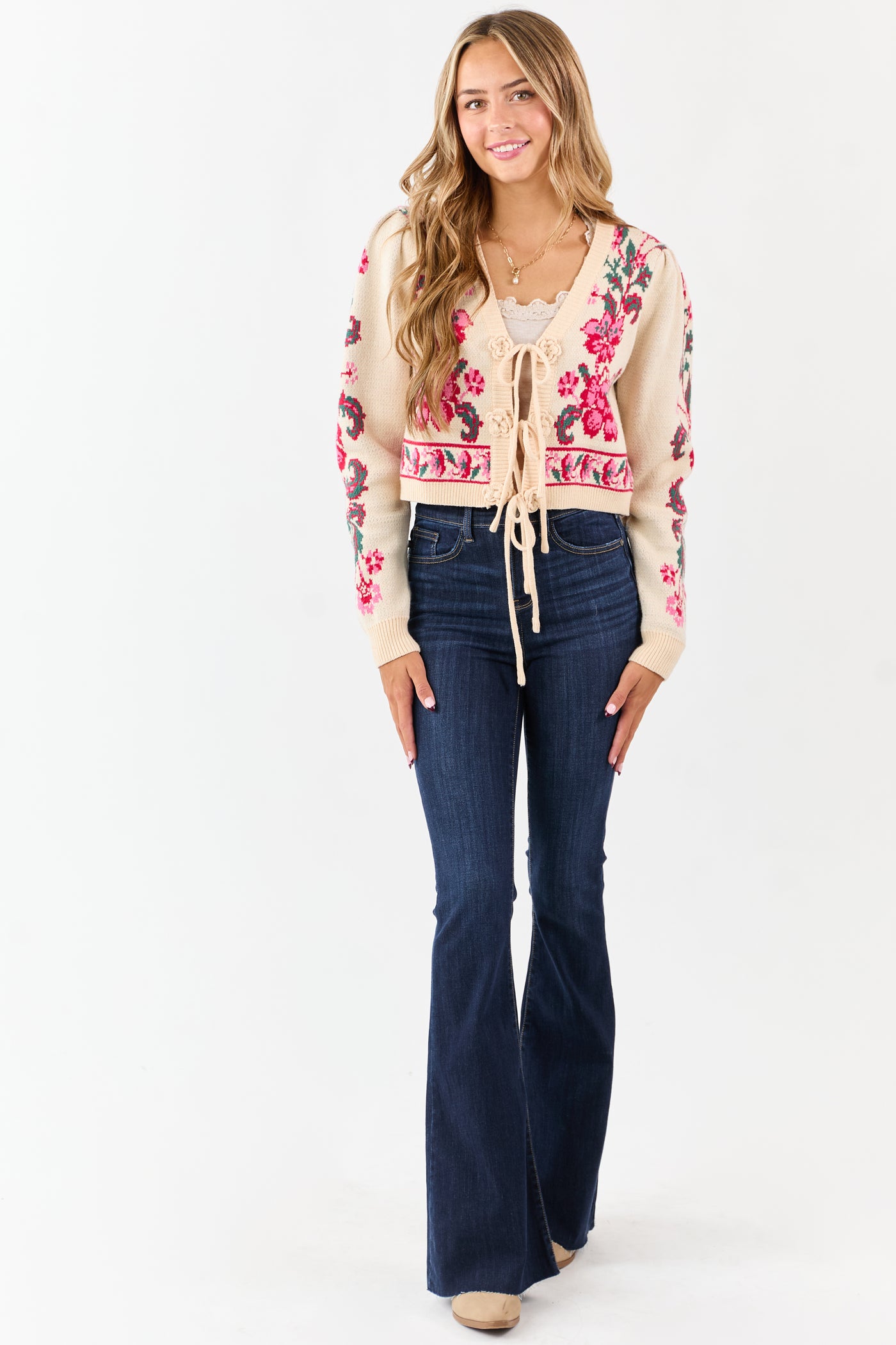 Sand Floral Print Tie Front Cropped Knit Cardigan