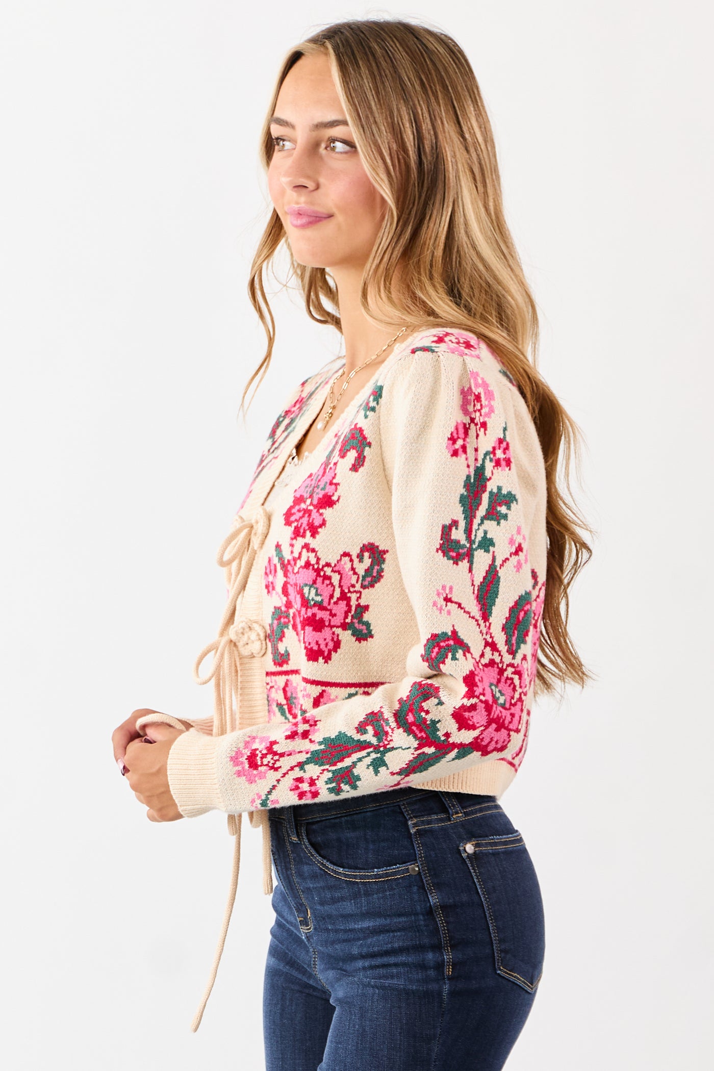 Sand Floral Print Tie Front Cropped Knit Cardigan