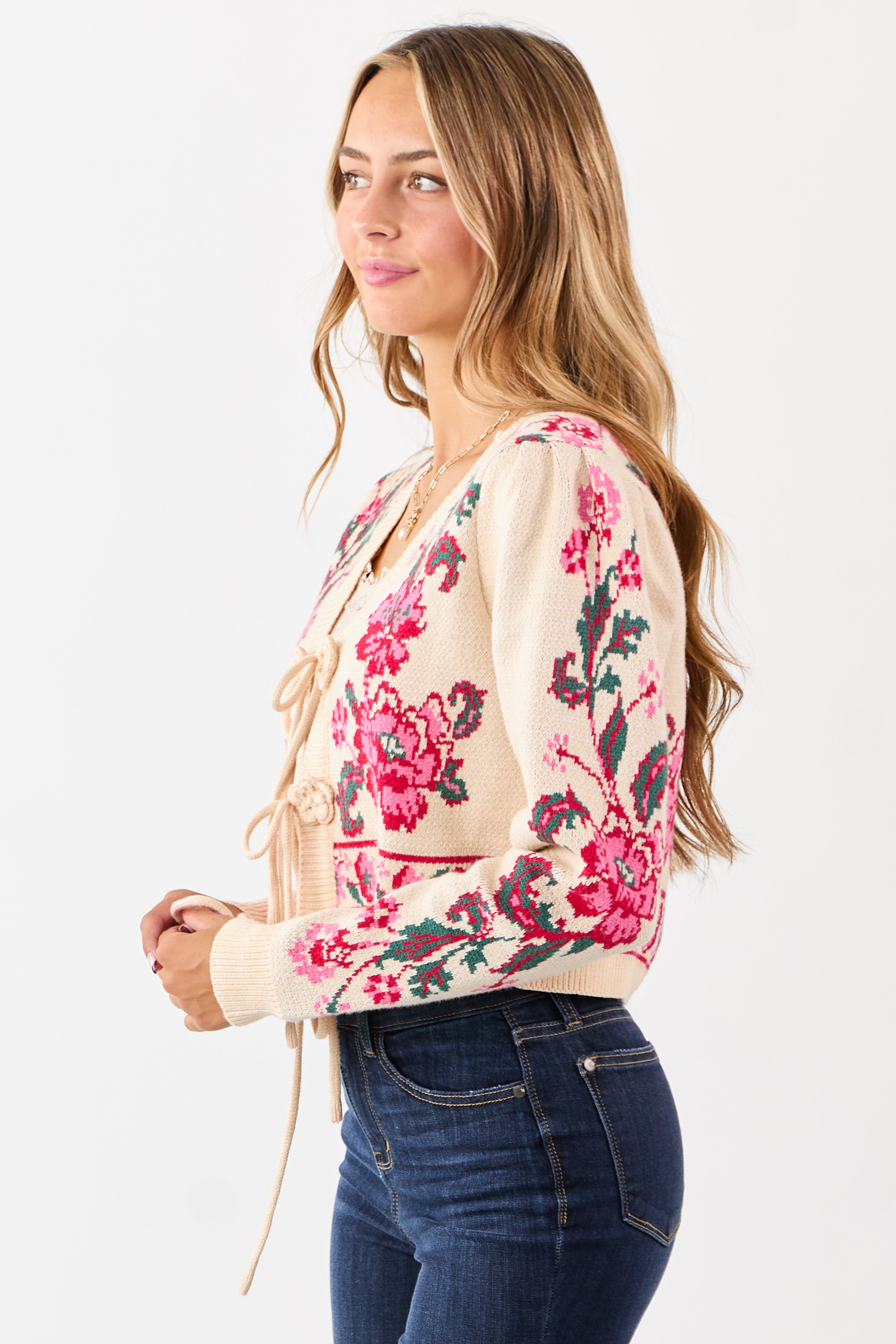 Sand Floral Print Tie Front Cropped Knit Cardigan