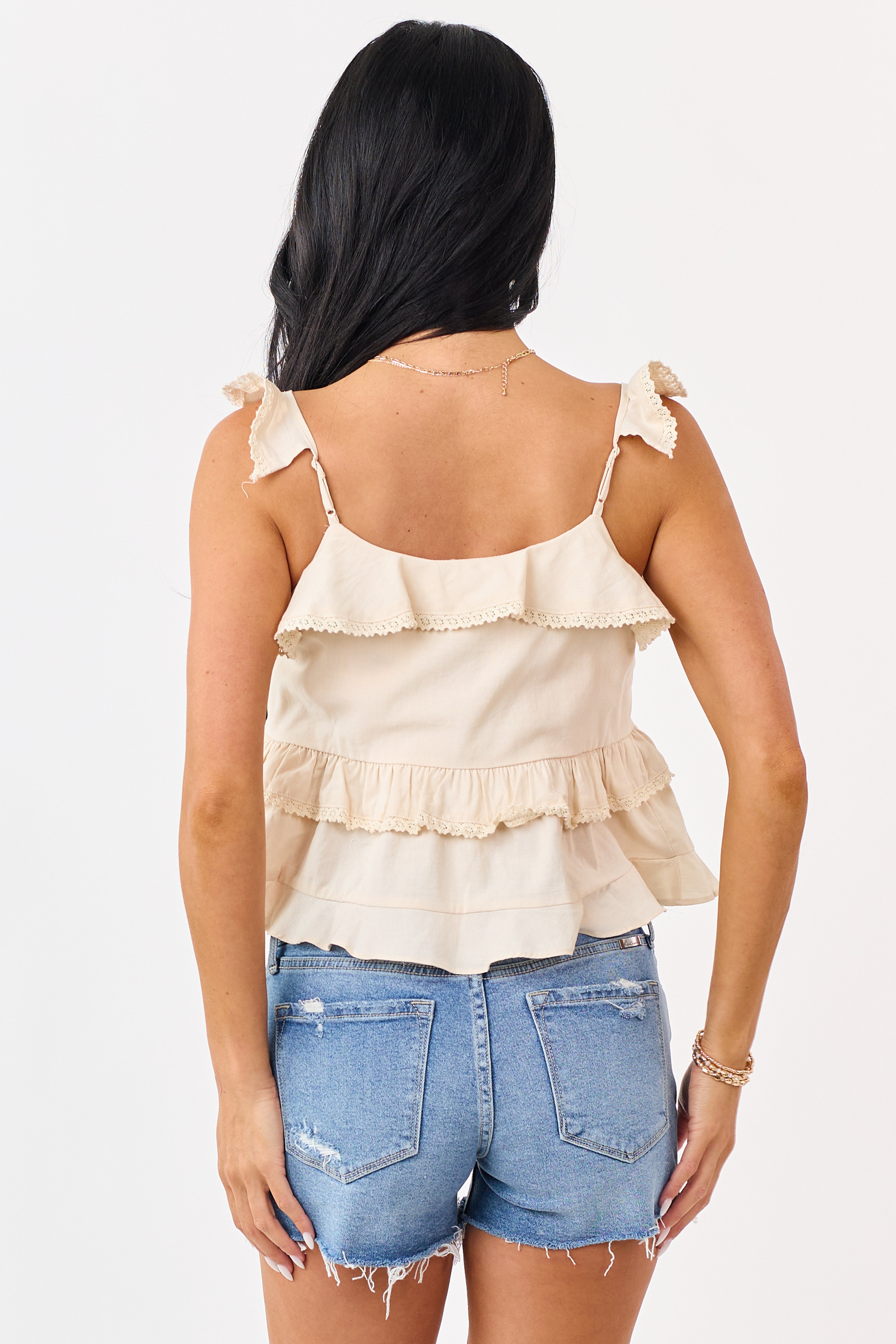 Sand Front Tie Ruffle Lace Trim Tank Top