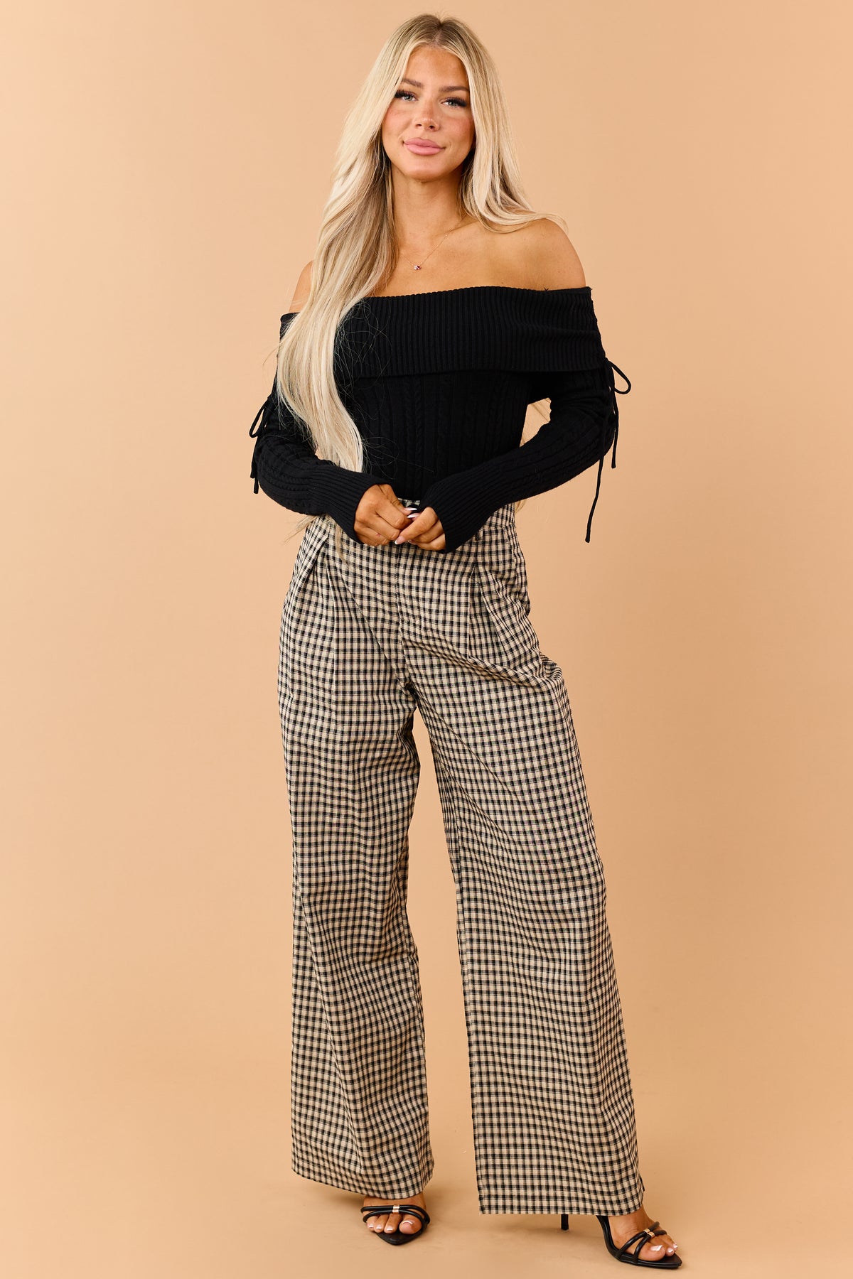 Sand Gingham Pleated Relaxed Wide Leg Pants