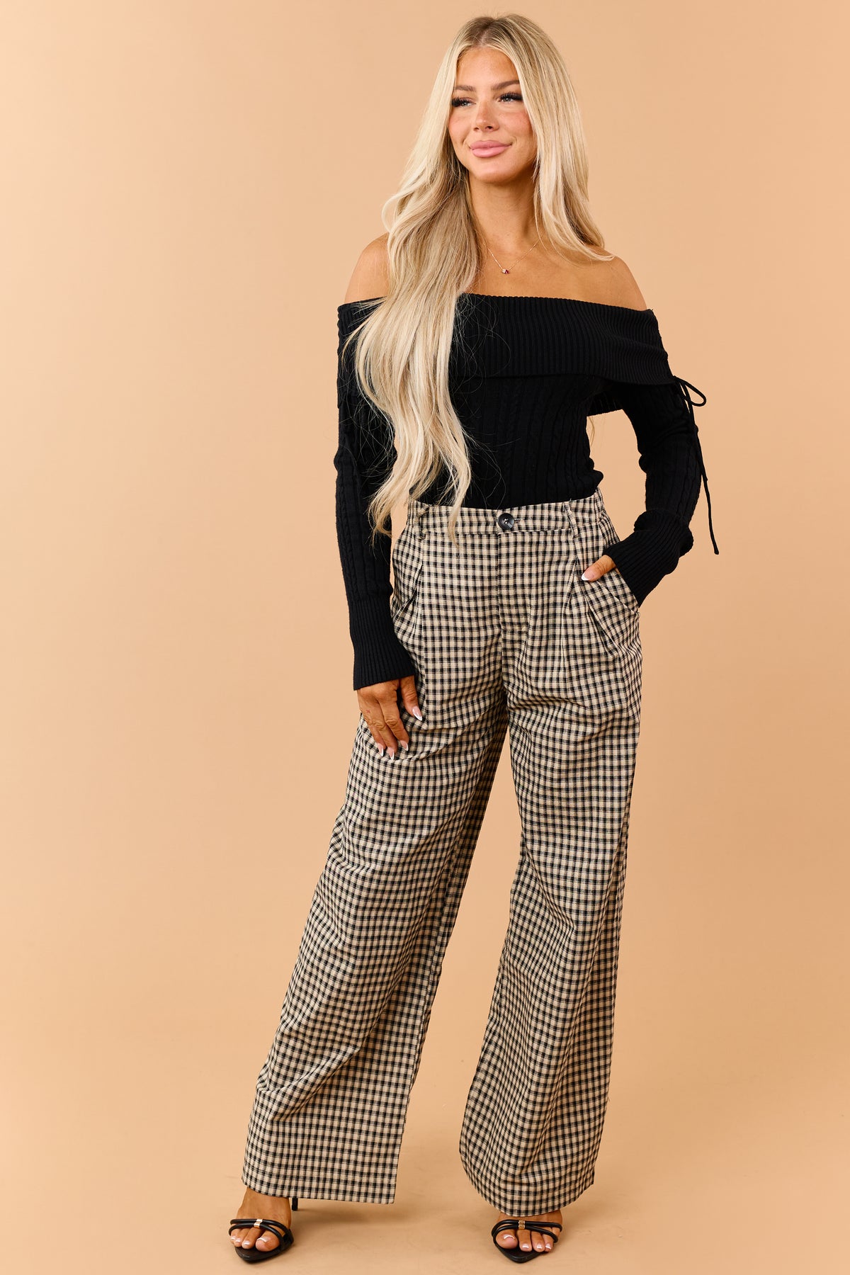 Sand Gingham Pleated Relaxed Wide Leg Pants