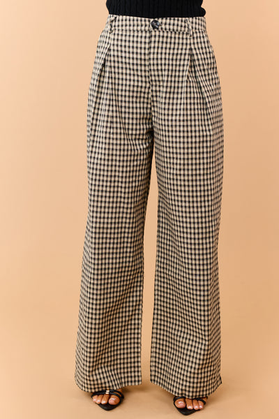 Sand Gingham Pleated Relaxed Wide Leg Pants