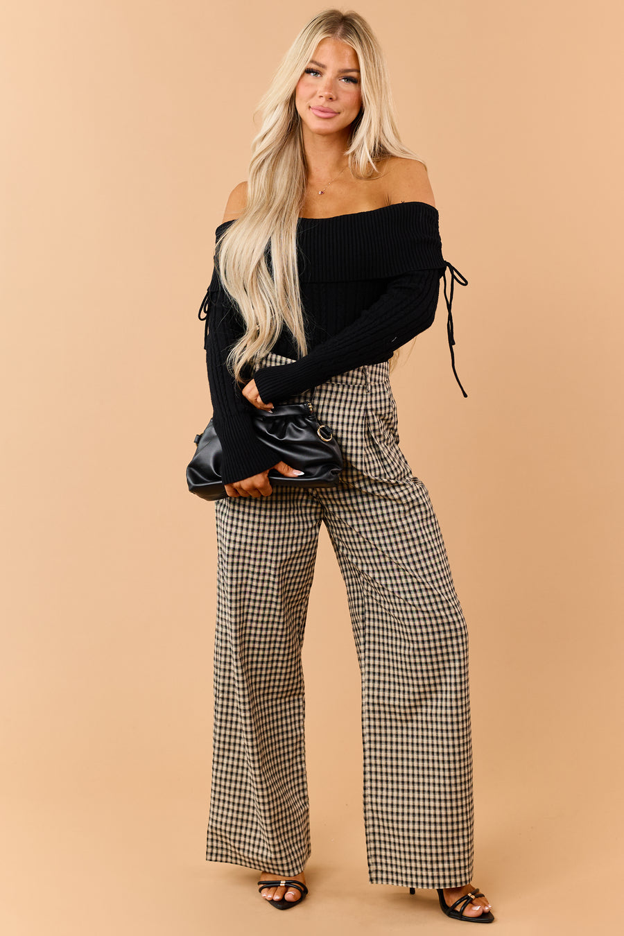 Sand Gingham Pleated Relaxed Wide Leg Pants