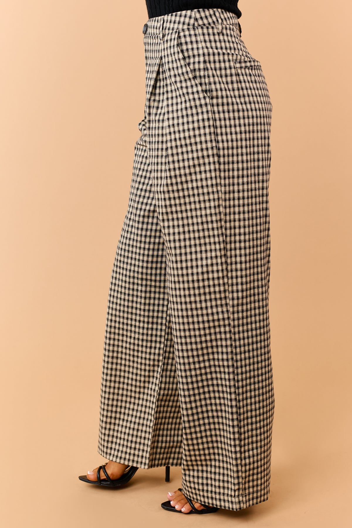 Sand Gingham Pleated Relaxed Wide Leg Pants