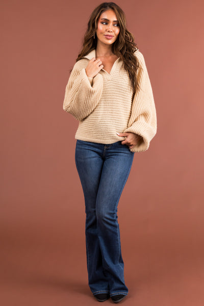 Sand High Collar V Neck Thick Knit Sweater
