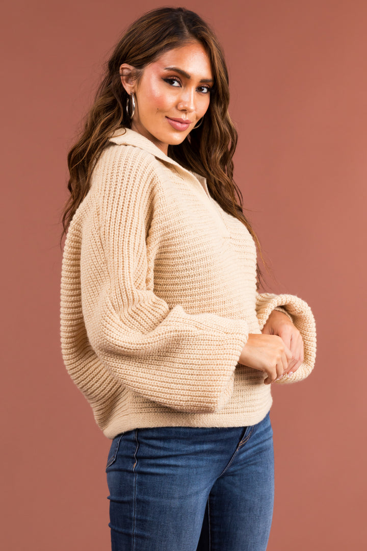 Sand High Collar V Neck Thick Knit Sweater