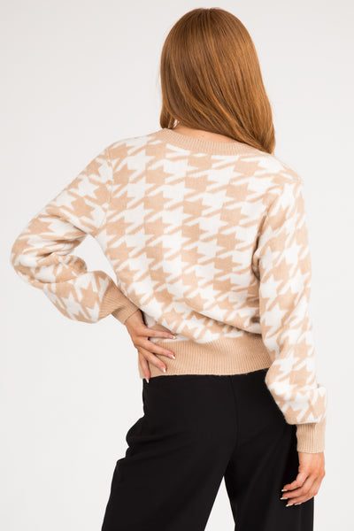 Sand Houndstooth Button Down Cardigan