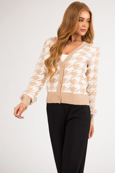 Sand Houndstooth Button Down Cardigan