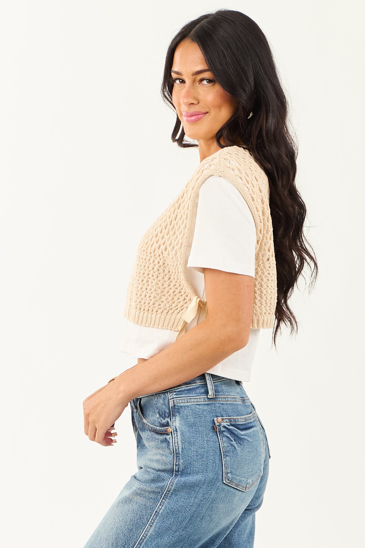 Sand Layered Crochet Short Sleeve Crop Top