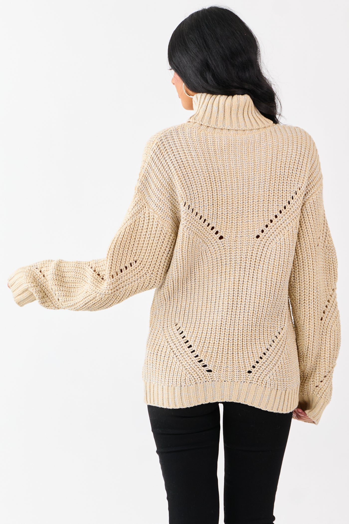 Sand Lurex Stitch Turtleneck Pointelle Ribbed Sweater