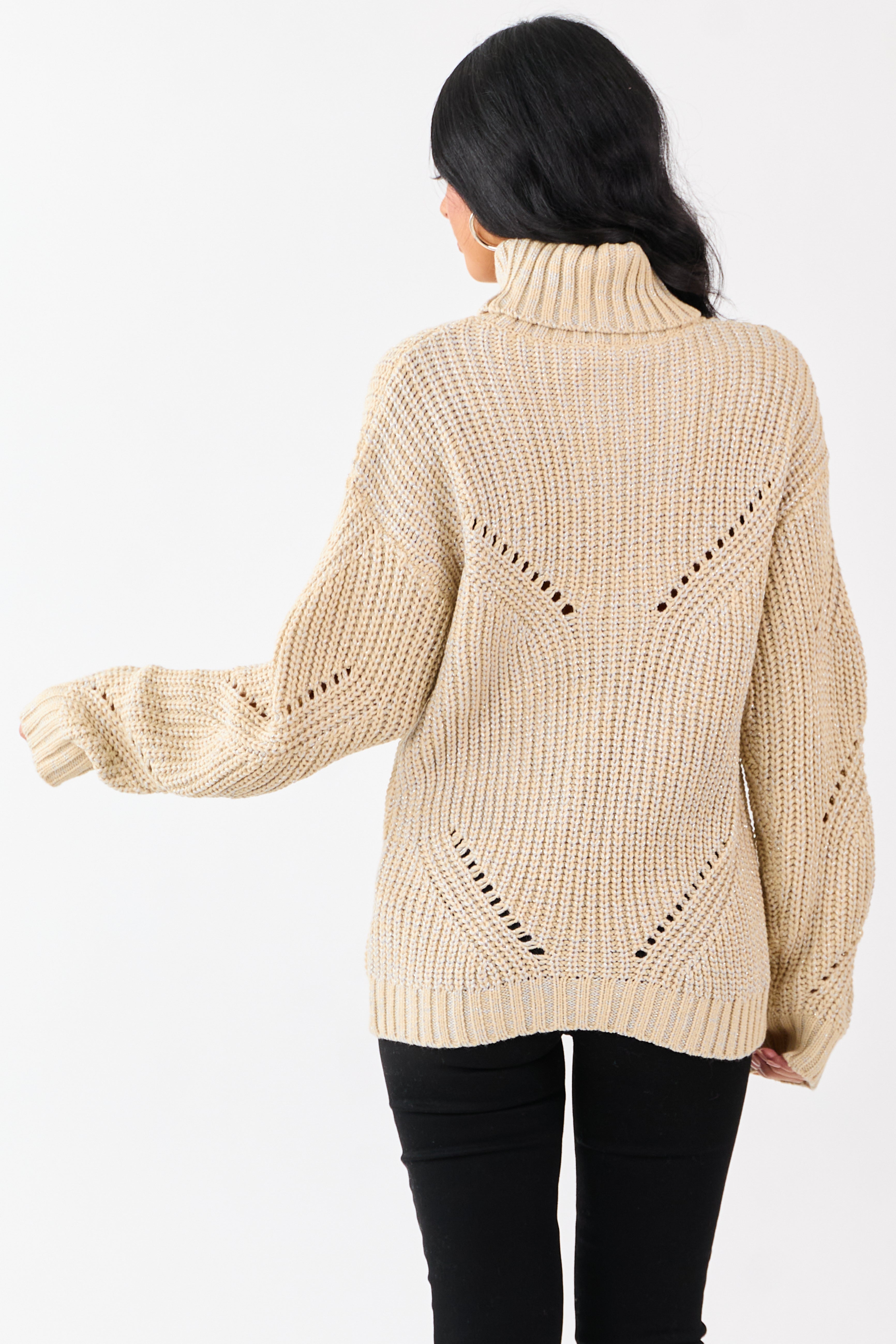 Sand Lurex Stitch Turtleneck Pointelle Ribbed Sweater