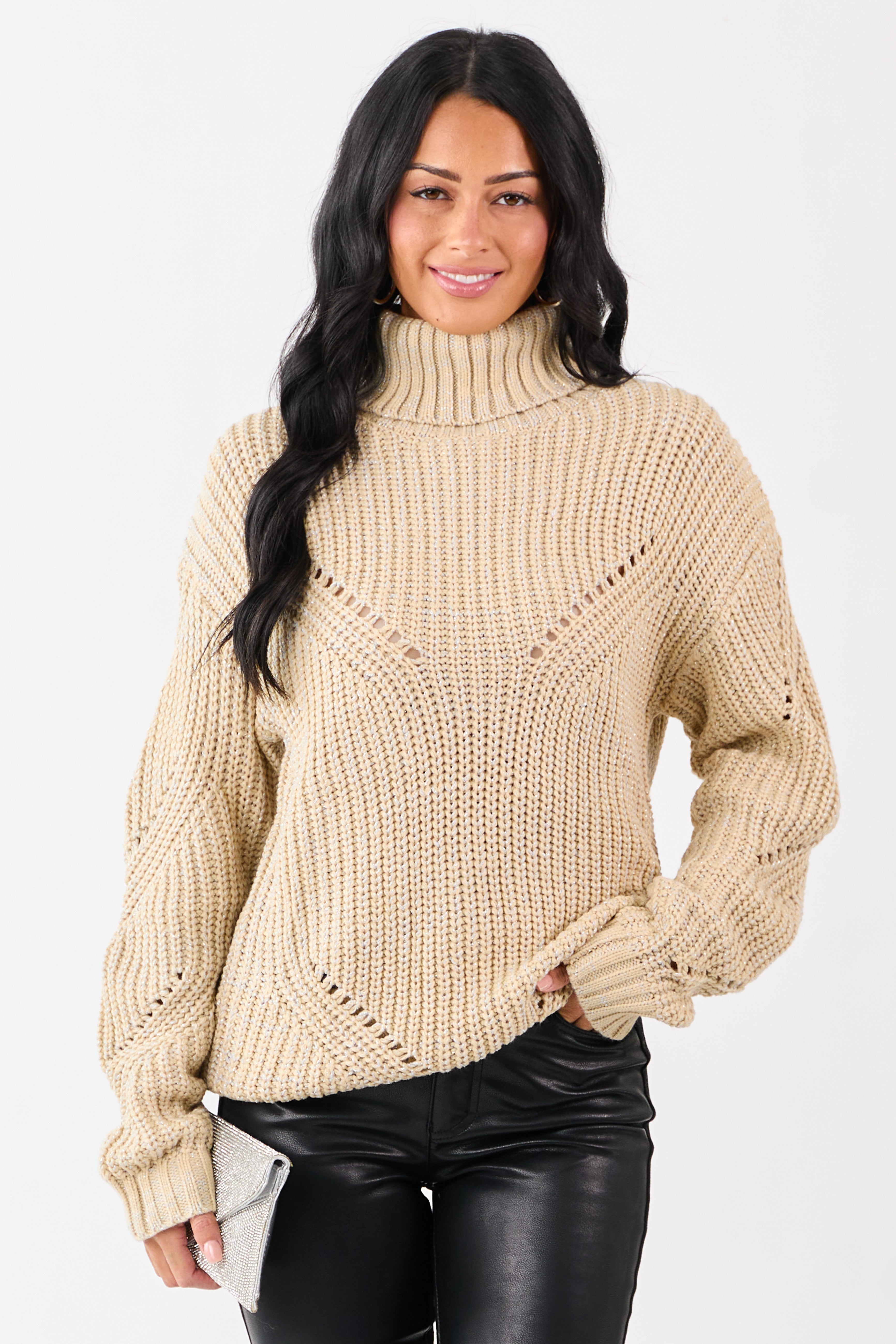 セオリー リュクス Lurex Knit Frickle Sweater 40 Sand Lurex Stitch Turtleneck Pointelle Ribbed Sweater | Lime Lush