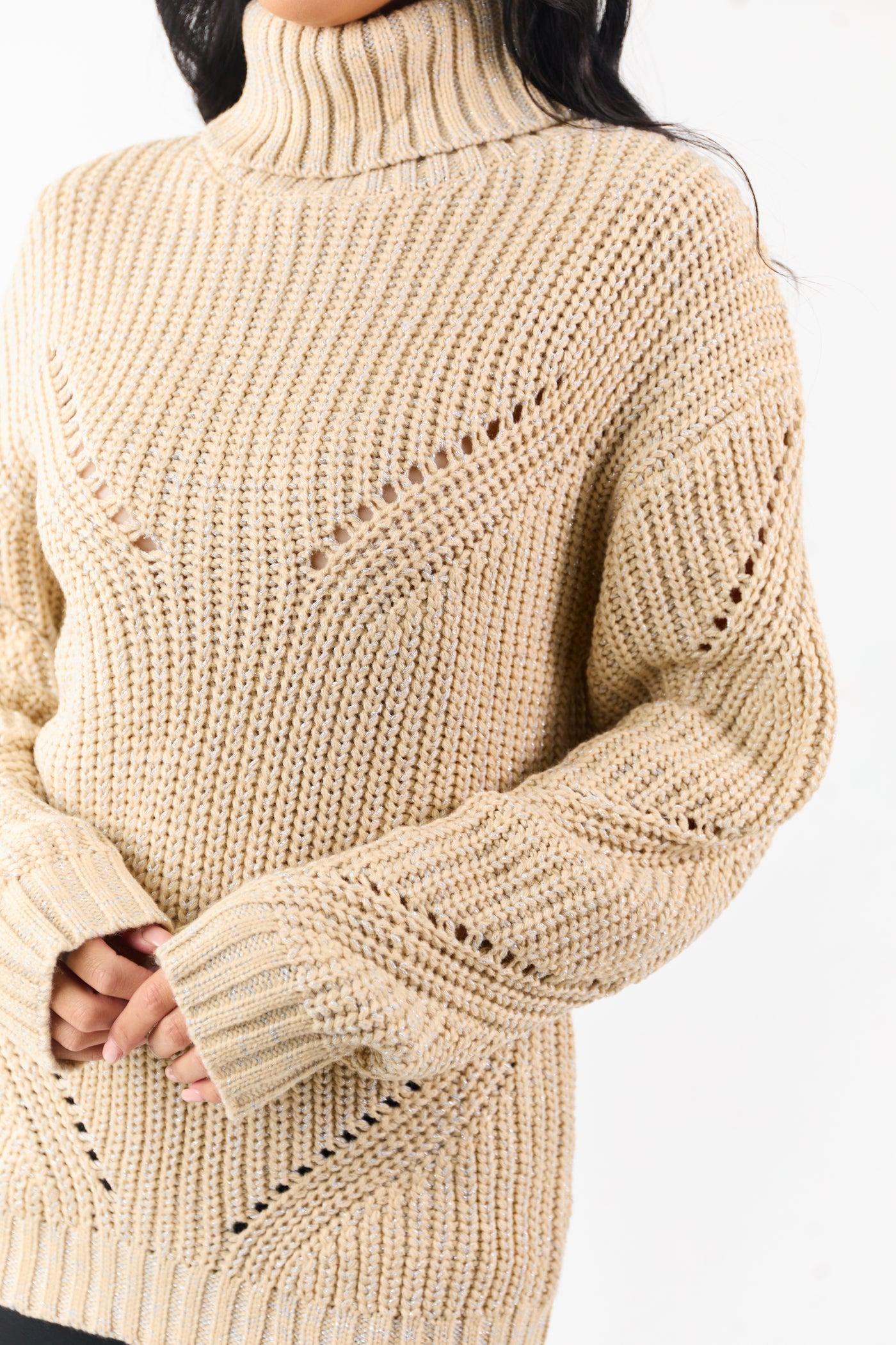 Sand Lurex Stitch Turtleneck Pointelle Ribbed Sweater