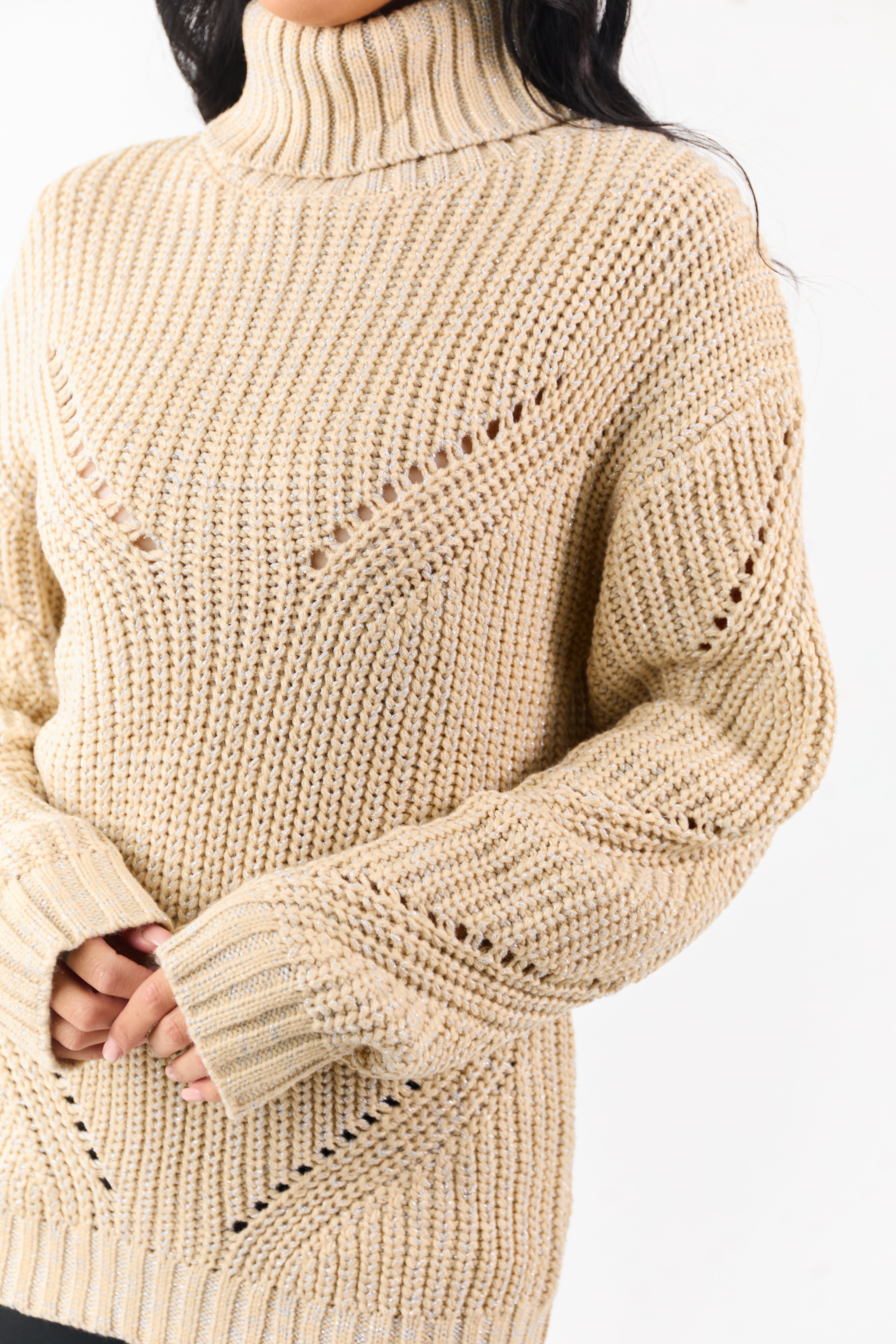 Sand Lurex Stitch Turtleneck Pointelle Ribbed Sweater