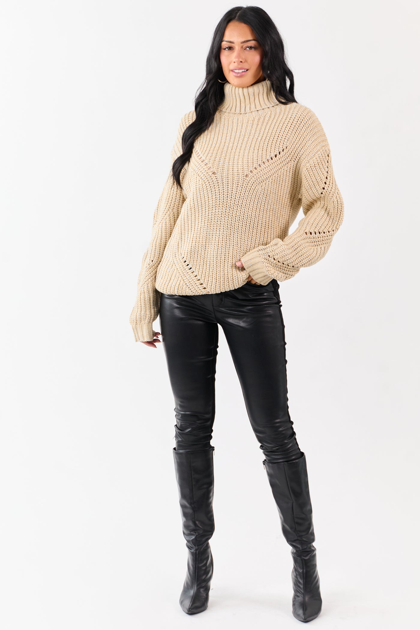 Sand Lurex Stitch Turtleneck Pointelle Ribbed Sweater
