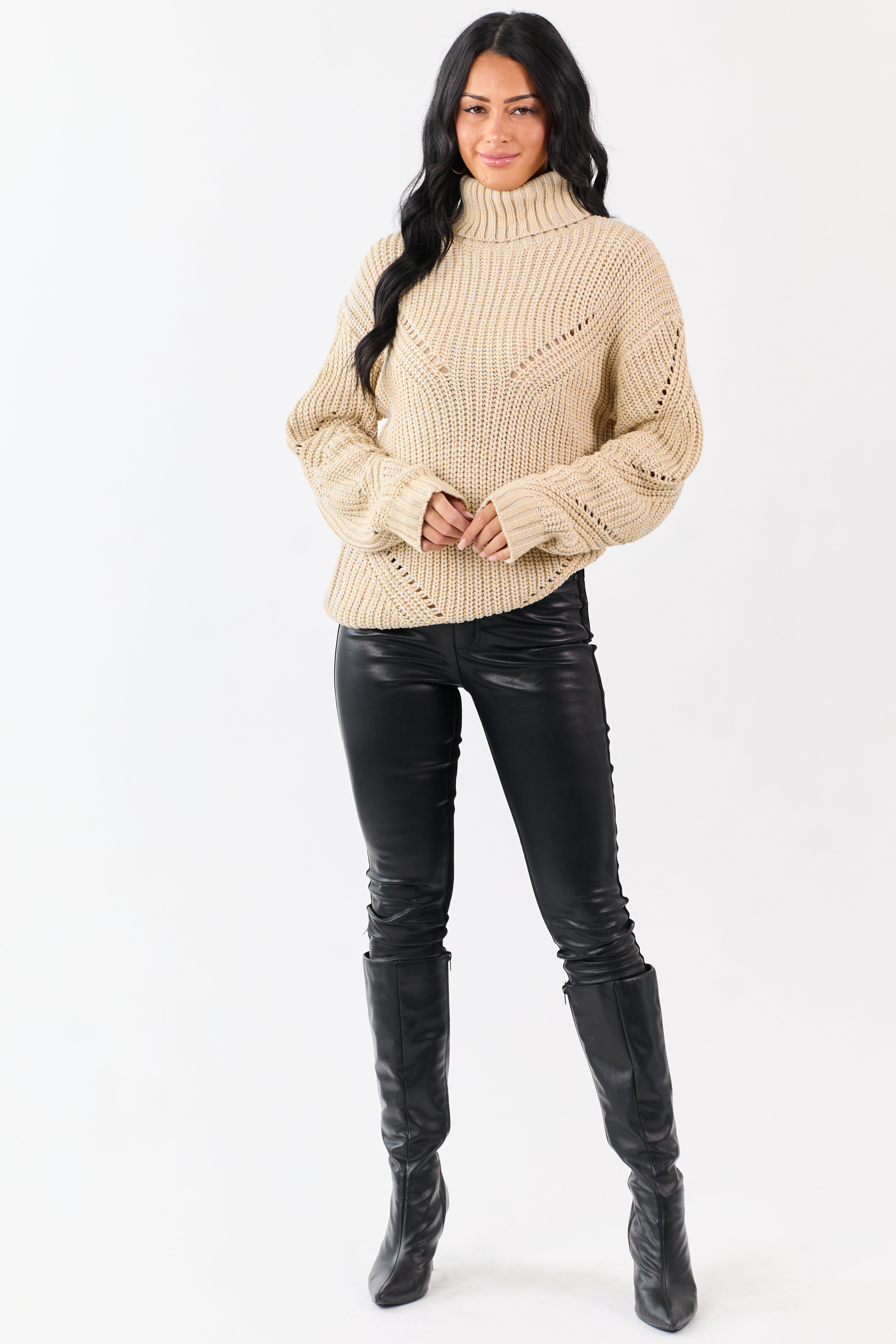 Sand Lurex Stitch Turtleneck Pointelle Ribbed Sweater