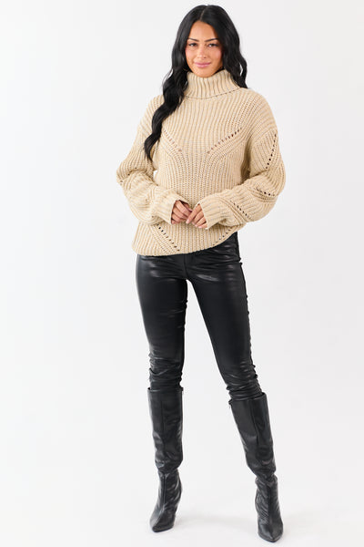 Sand Lurex Stitch Turtleneck Pointelle Ribbed Sweater