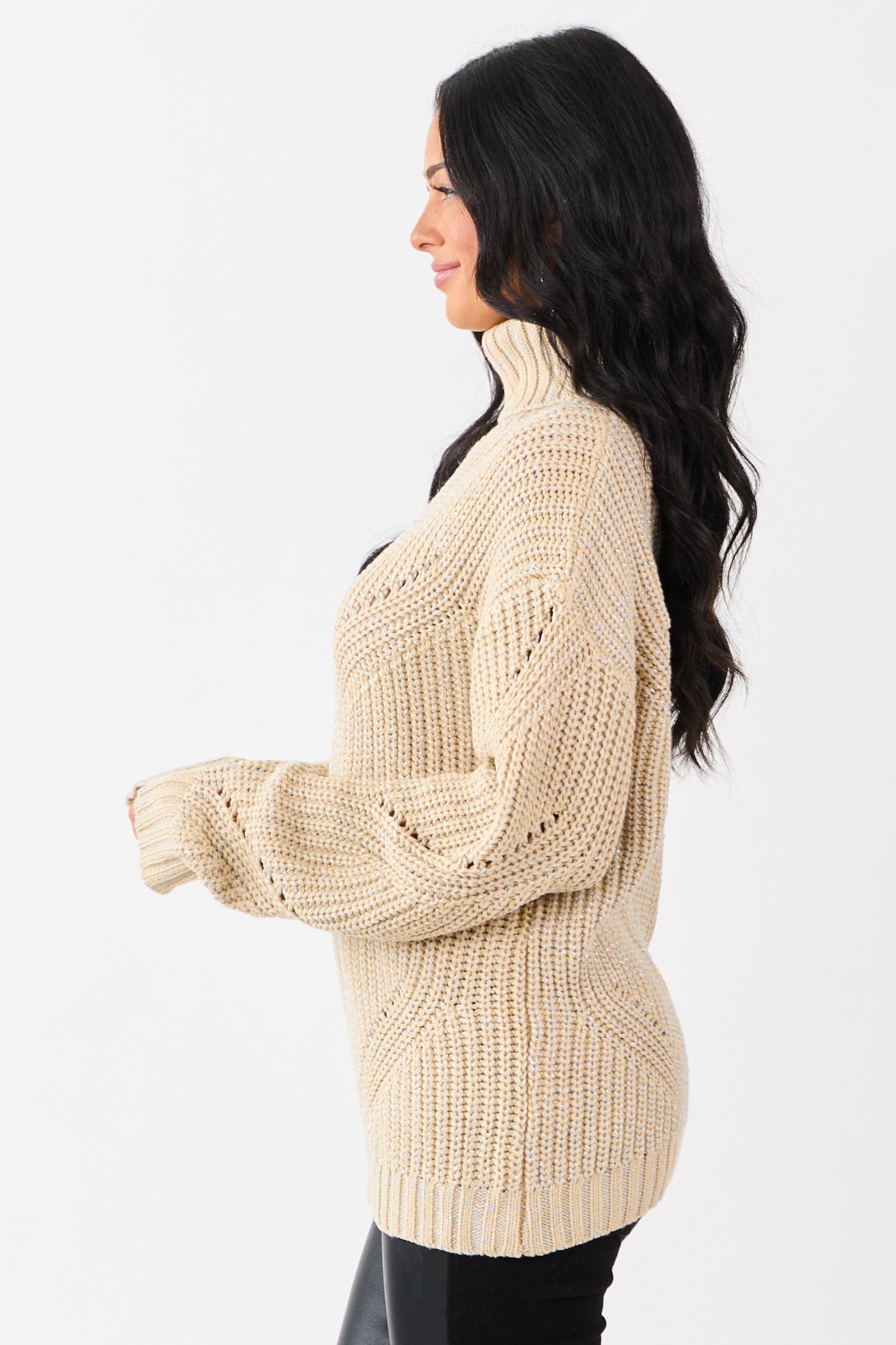 Sand Lurex Stitch Turtleneck Pointelle Ribbed Sweater