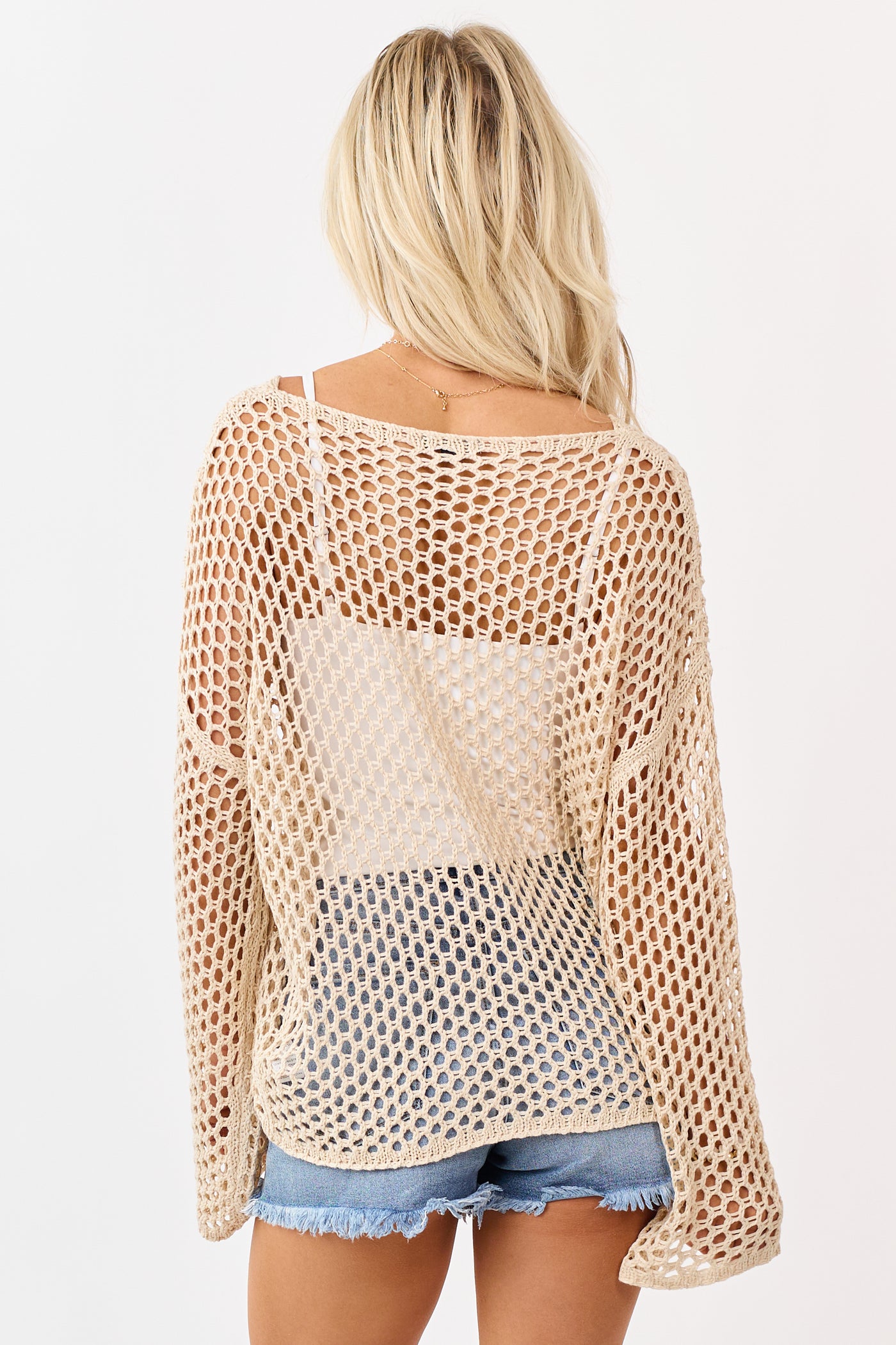 Sand Open Knit Round Neck Long Sleeve Top