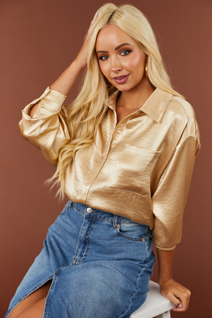 Sand Oversized Satin Button Down Collared Blouse