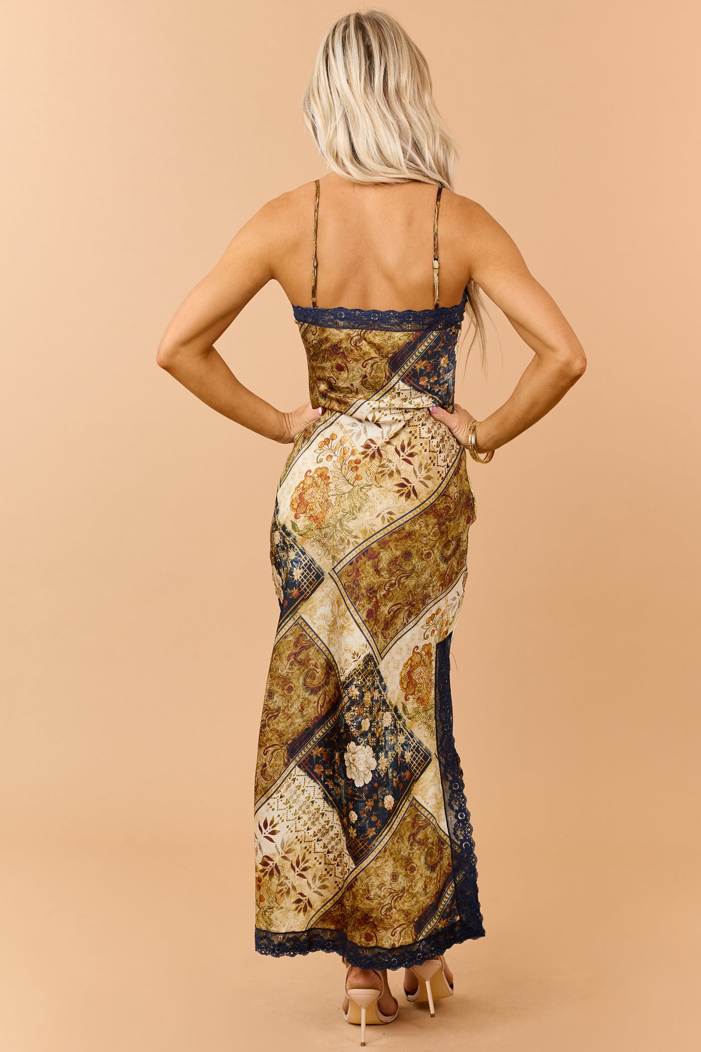Sand Patchwork Floral Print Satin Maxi Dress