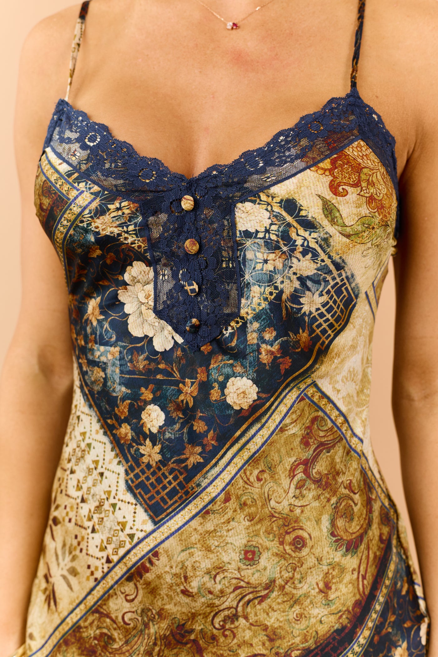 Sand Patchwork Floral Print Satin Maxi Dress