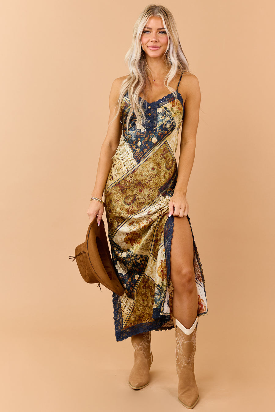 Sand Patchwork Floral Print Satin Maxi Dress