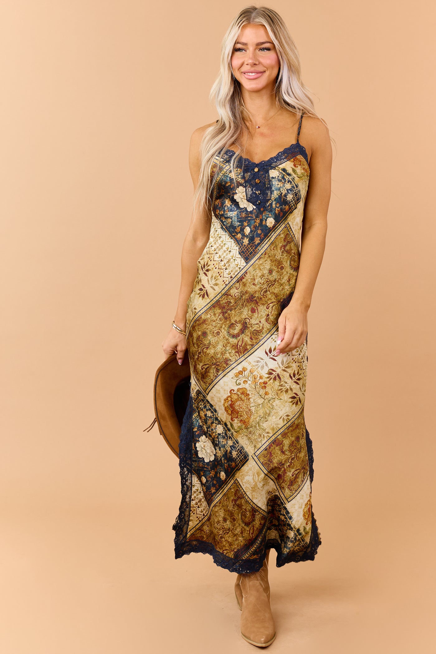 Sand Patchwork Floral Print Satin Maxi Dress
