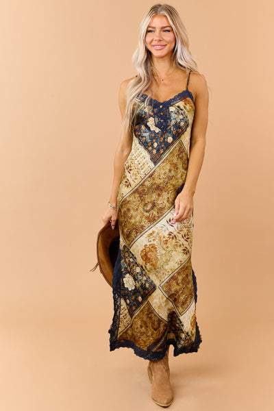 Sand Patchwork Floral Print Satin Maxi Dress