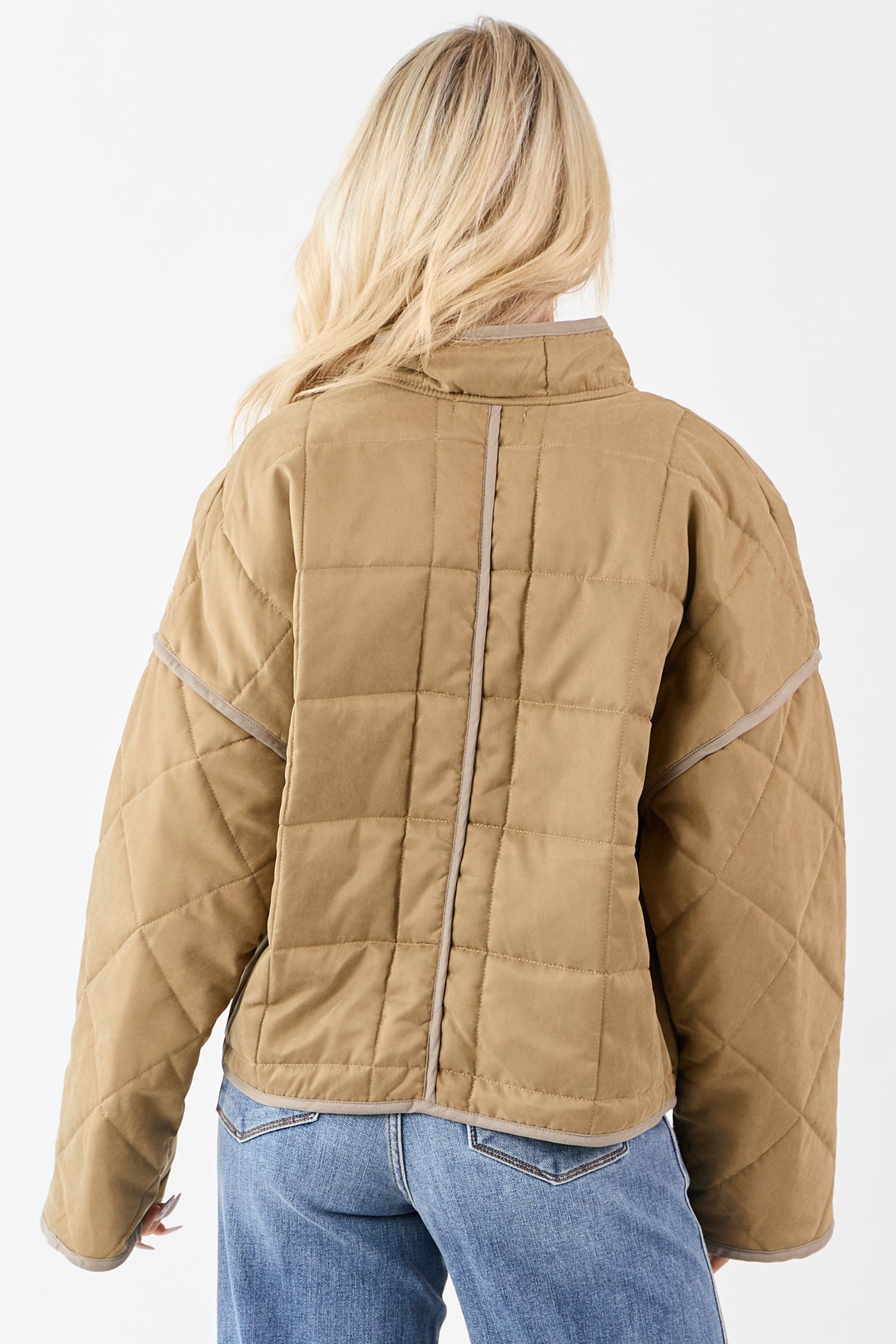 Sand Quilted Contrast Piping Detail Puffer Jacket