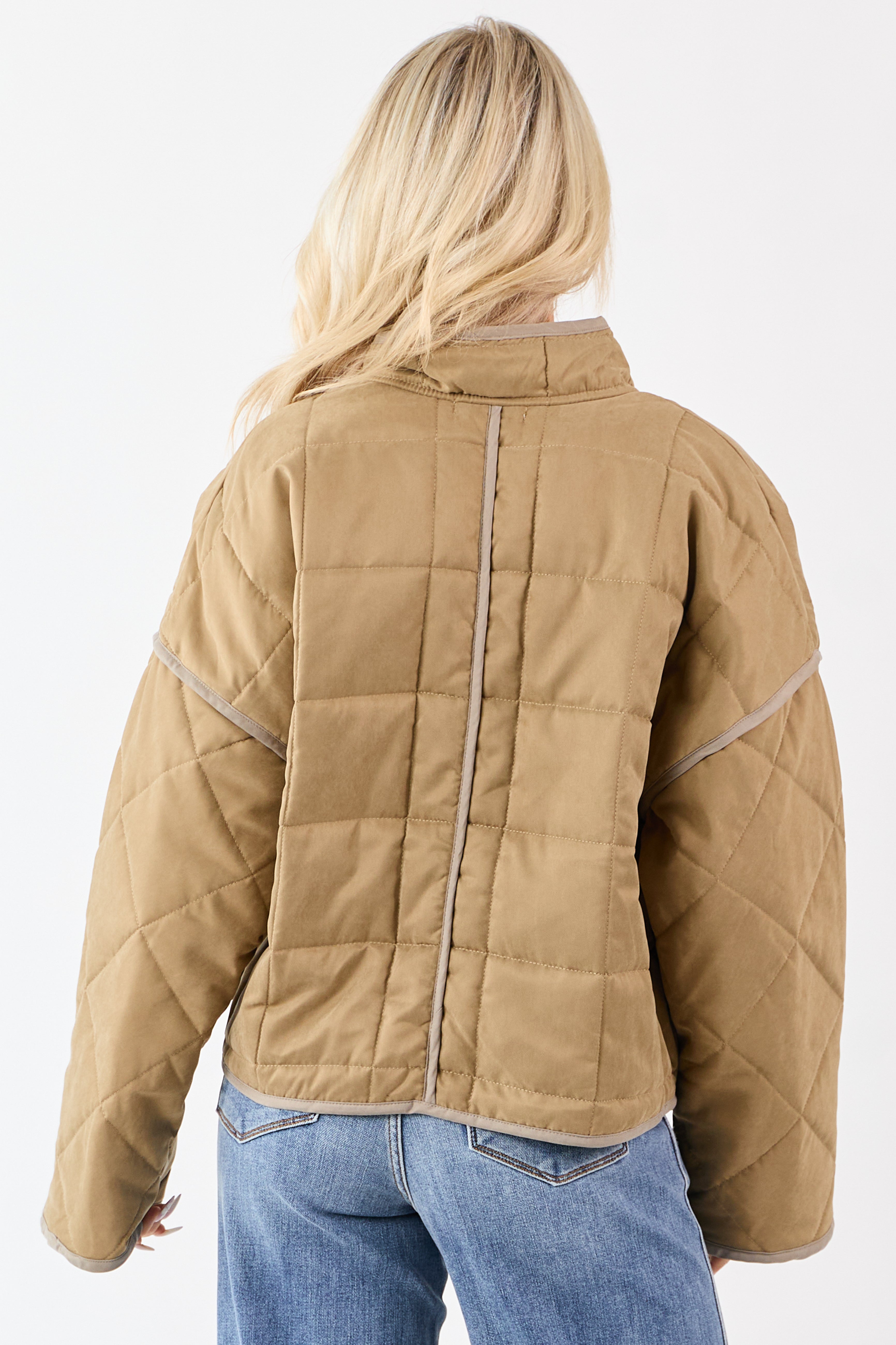 Sand Quilted Contrast Piping Detail Puffer Jacket