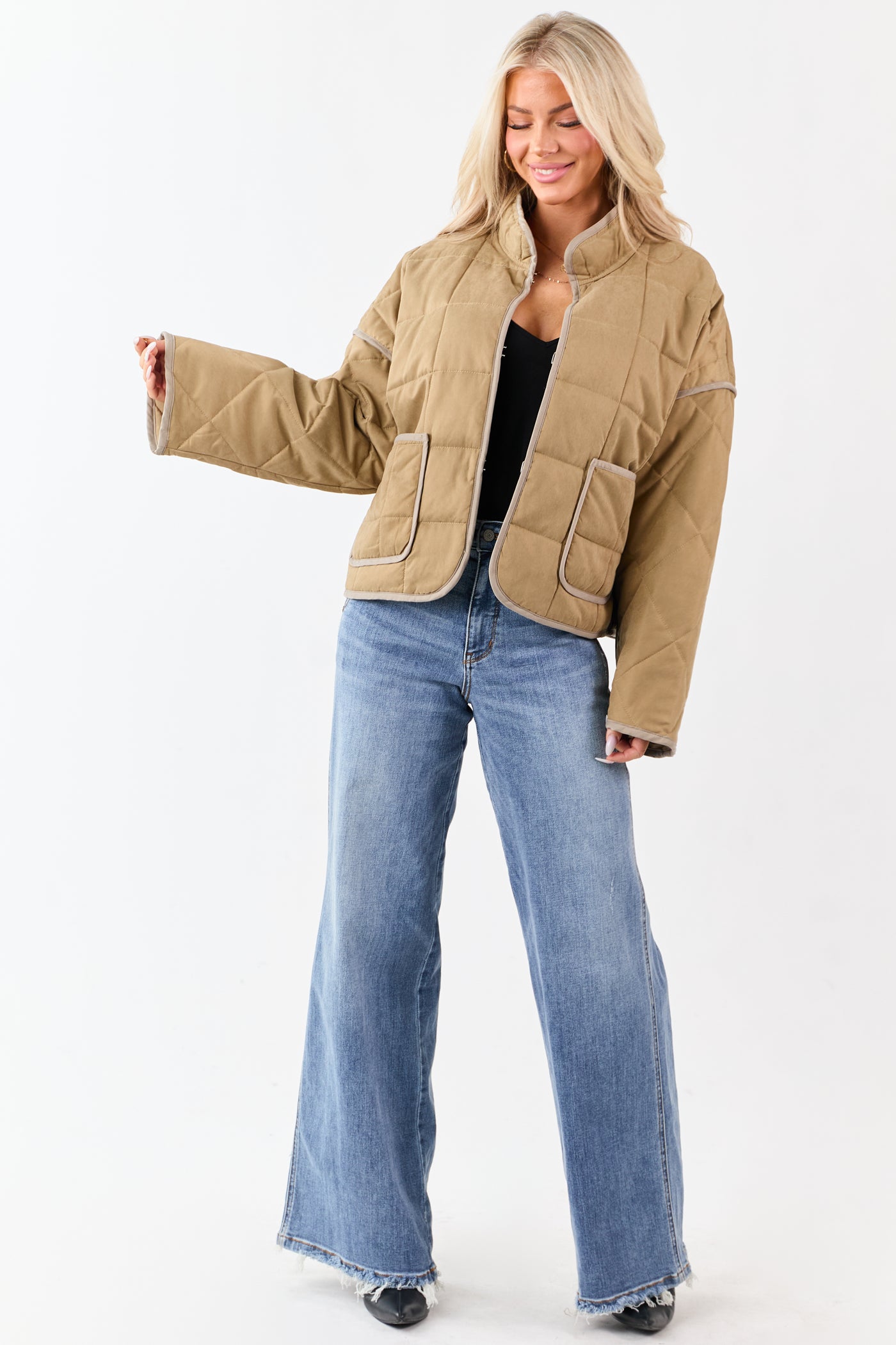 Sand Quilted Contrast Piping Detail Puffer Jacket