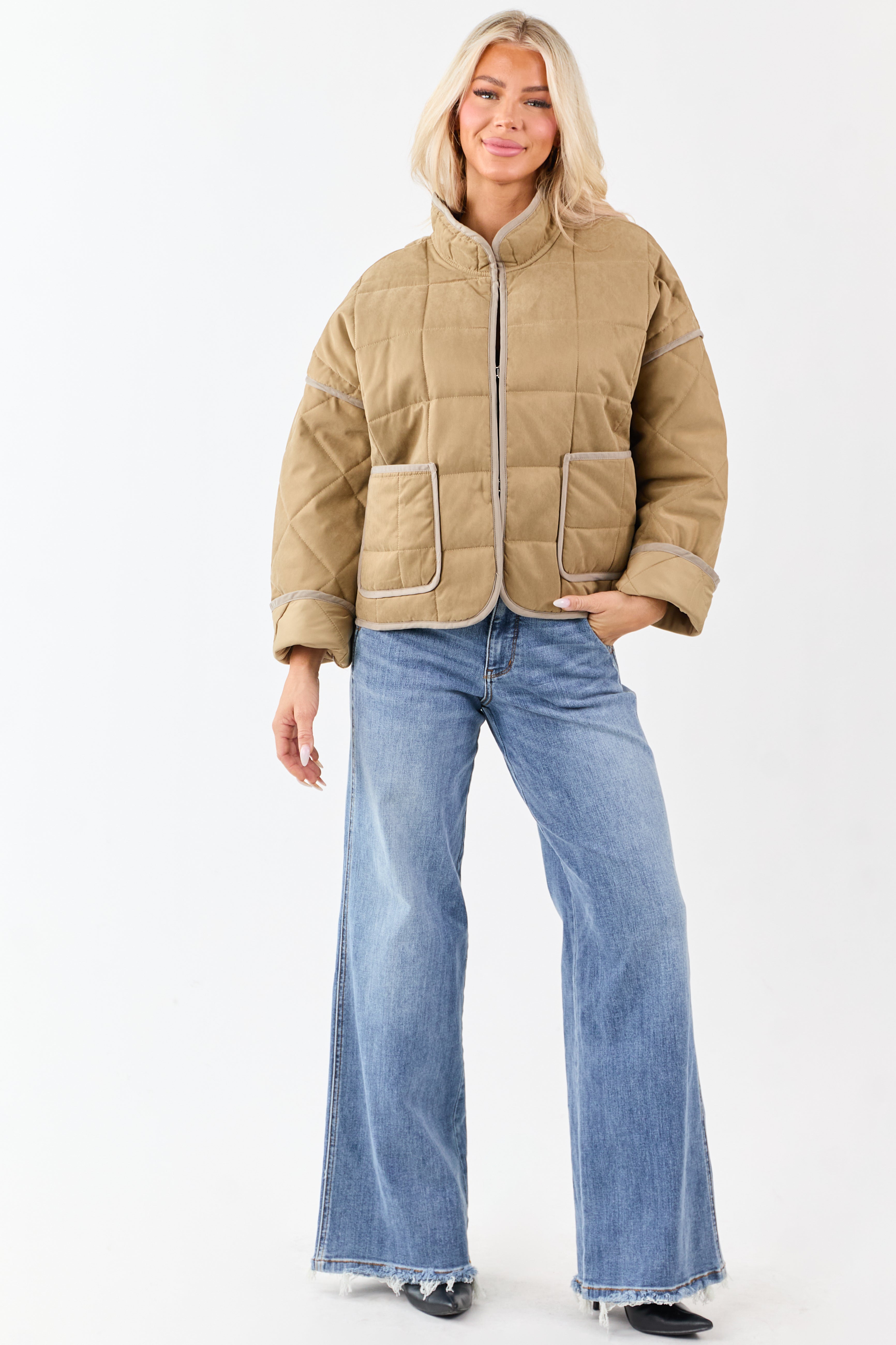 Sand Quilted Contrast Piping Detail Puffer Jacket