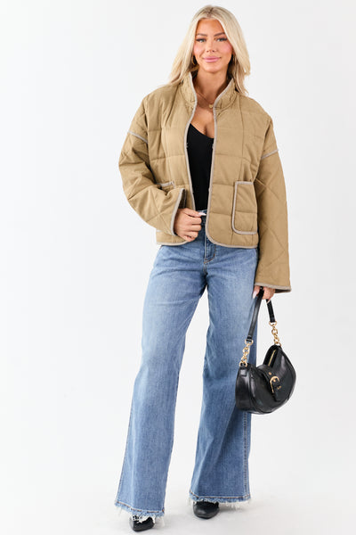 Sand Quilted Contrast Piping Detail Puffer Jacket