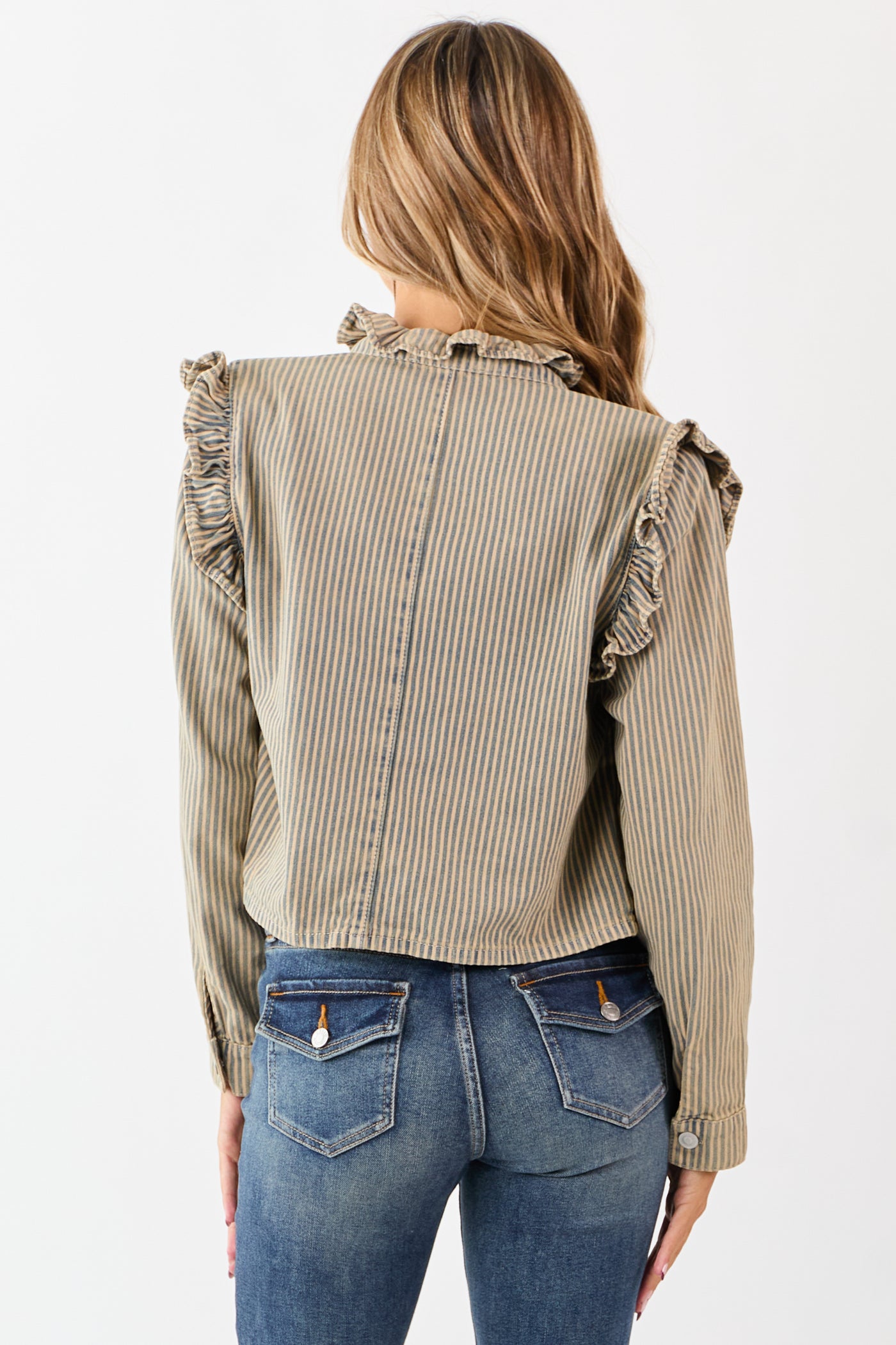 Sand Railroad Striped Denim Hidden Button Up Top