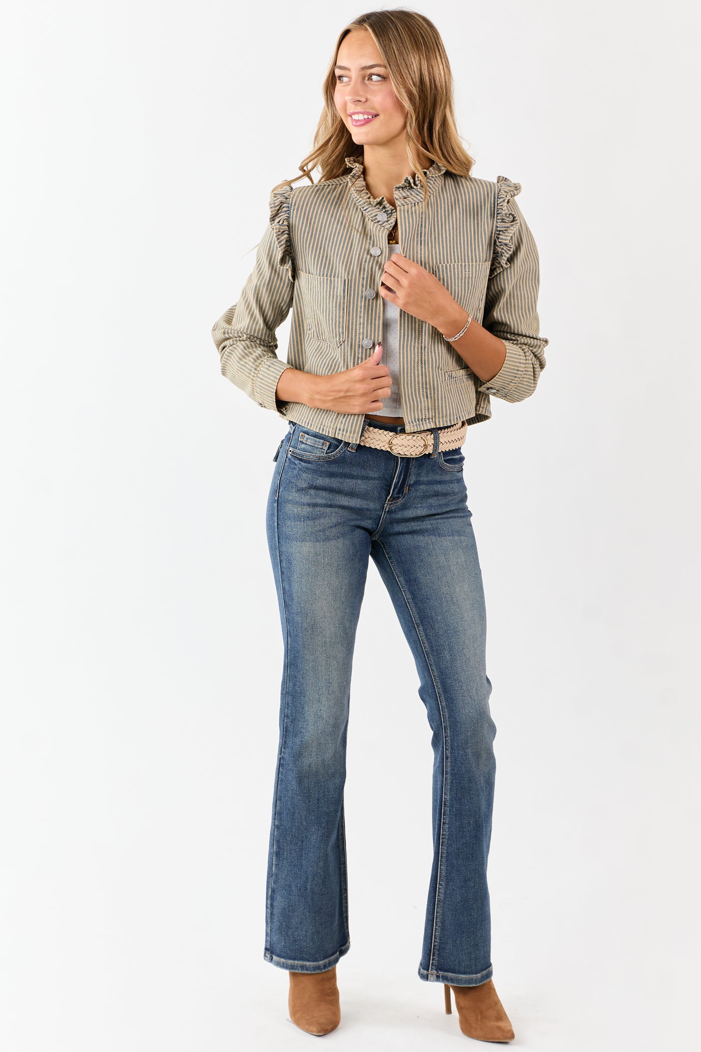 Sand Railroad Striped Denim Hidden Button Up Top